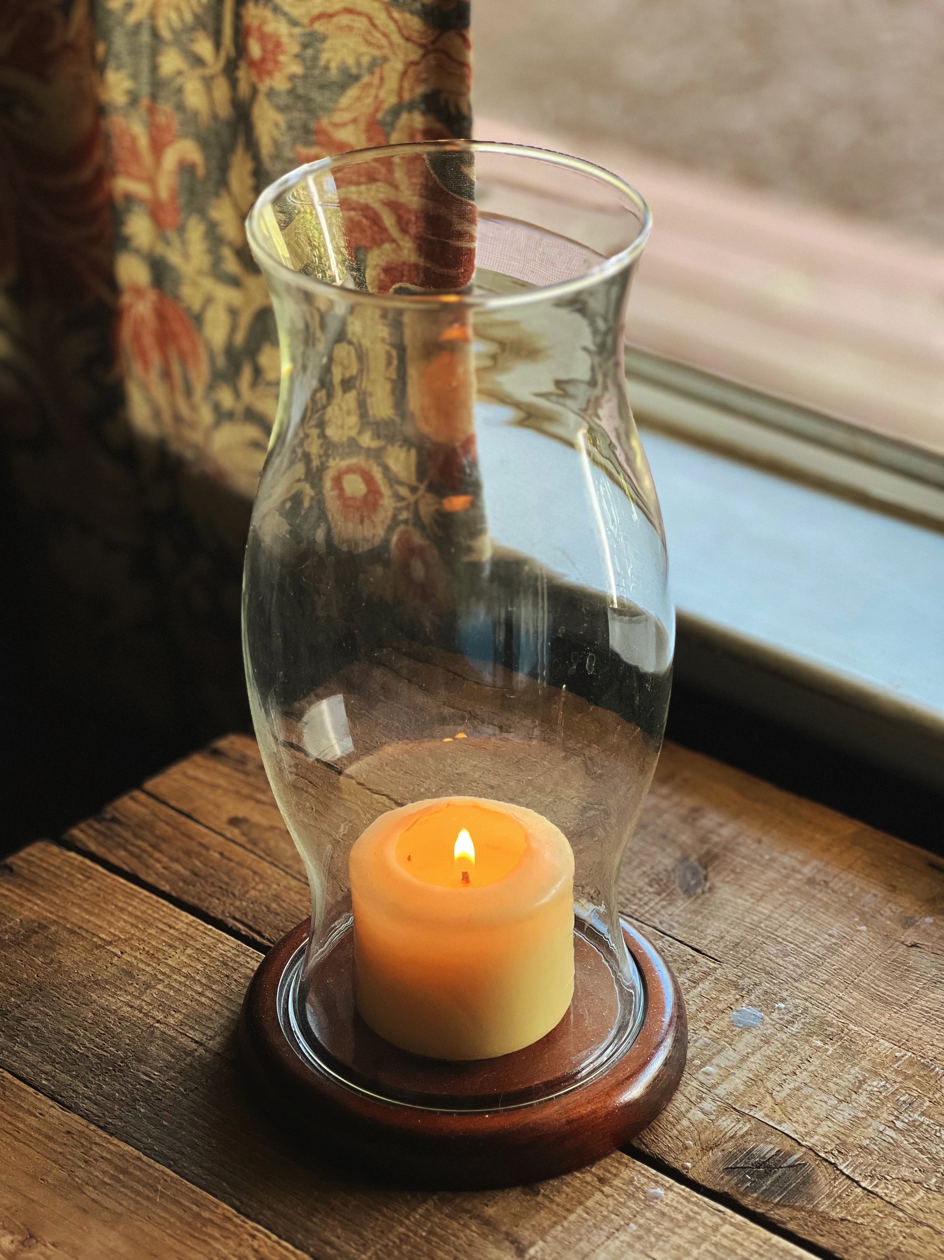 Large Glass Hurricane Lamp with Wood Base