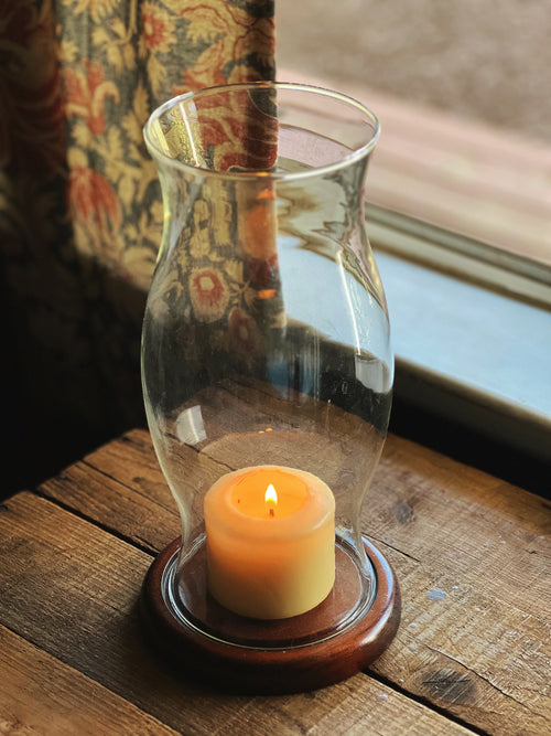 Large Glass Hurricane Lamp with Wood Base