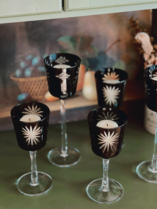 Set of 5 Black Cut Glass Candleholders