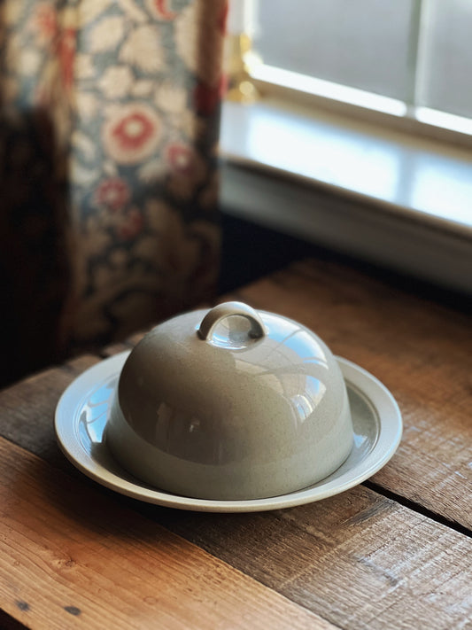 Vintage Mikasa Stone Craft Newport Mist Round Covered Butter Dish