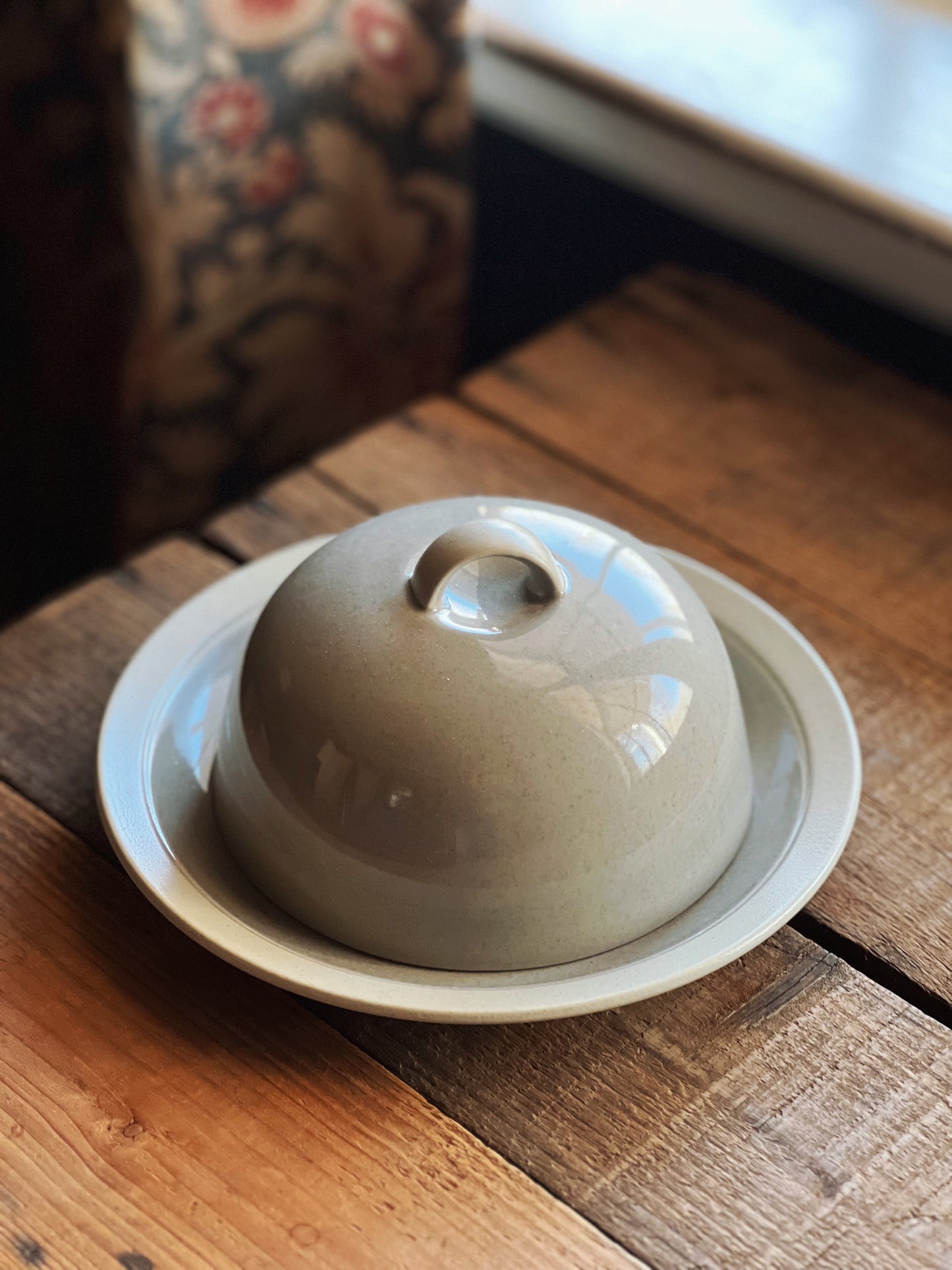 Vintage Mikasa Stone Craft Newport Mist Round Covered Butter Dish