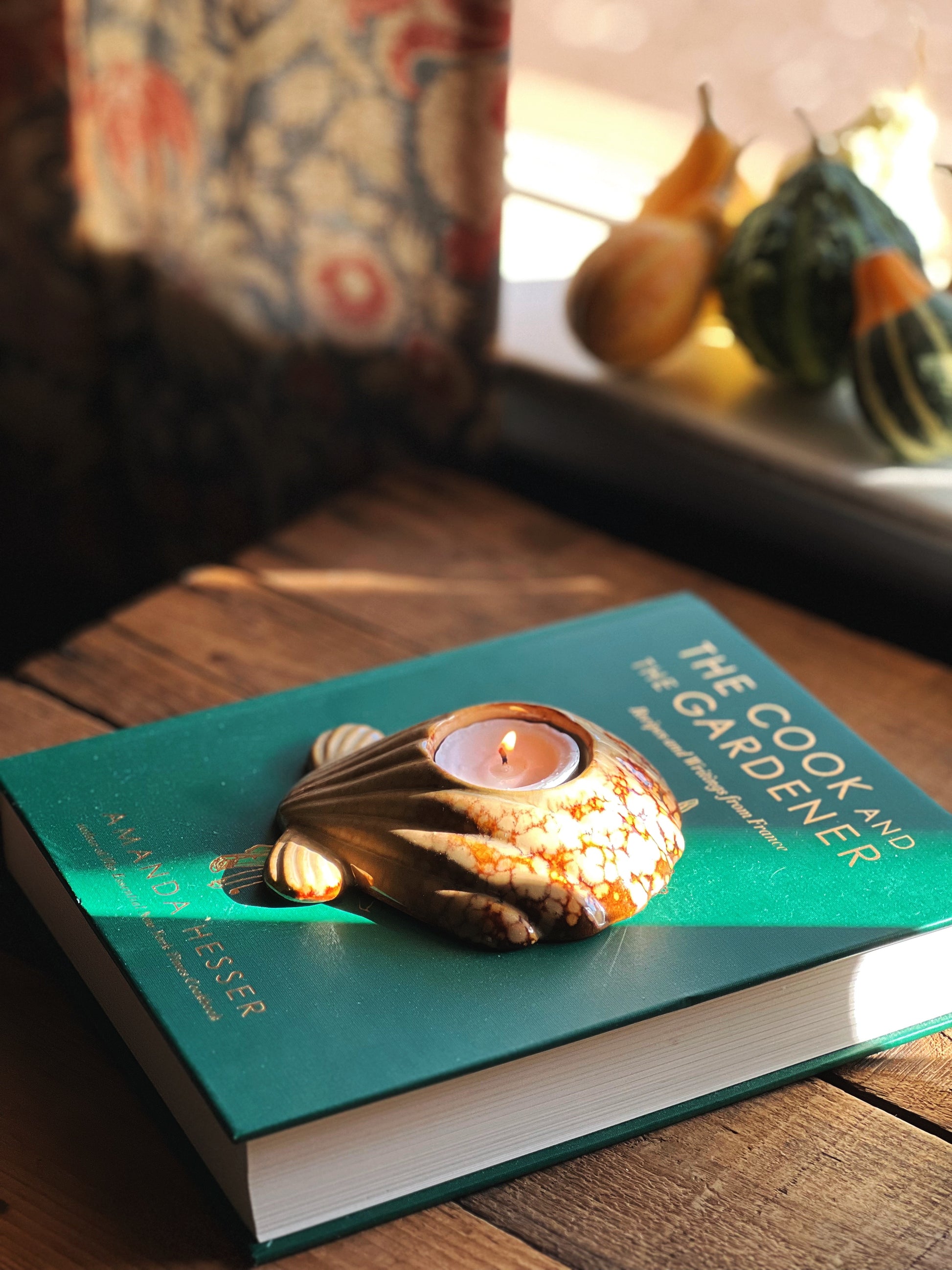Teal book with a decorative shell candle on a wooden surface