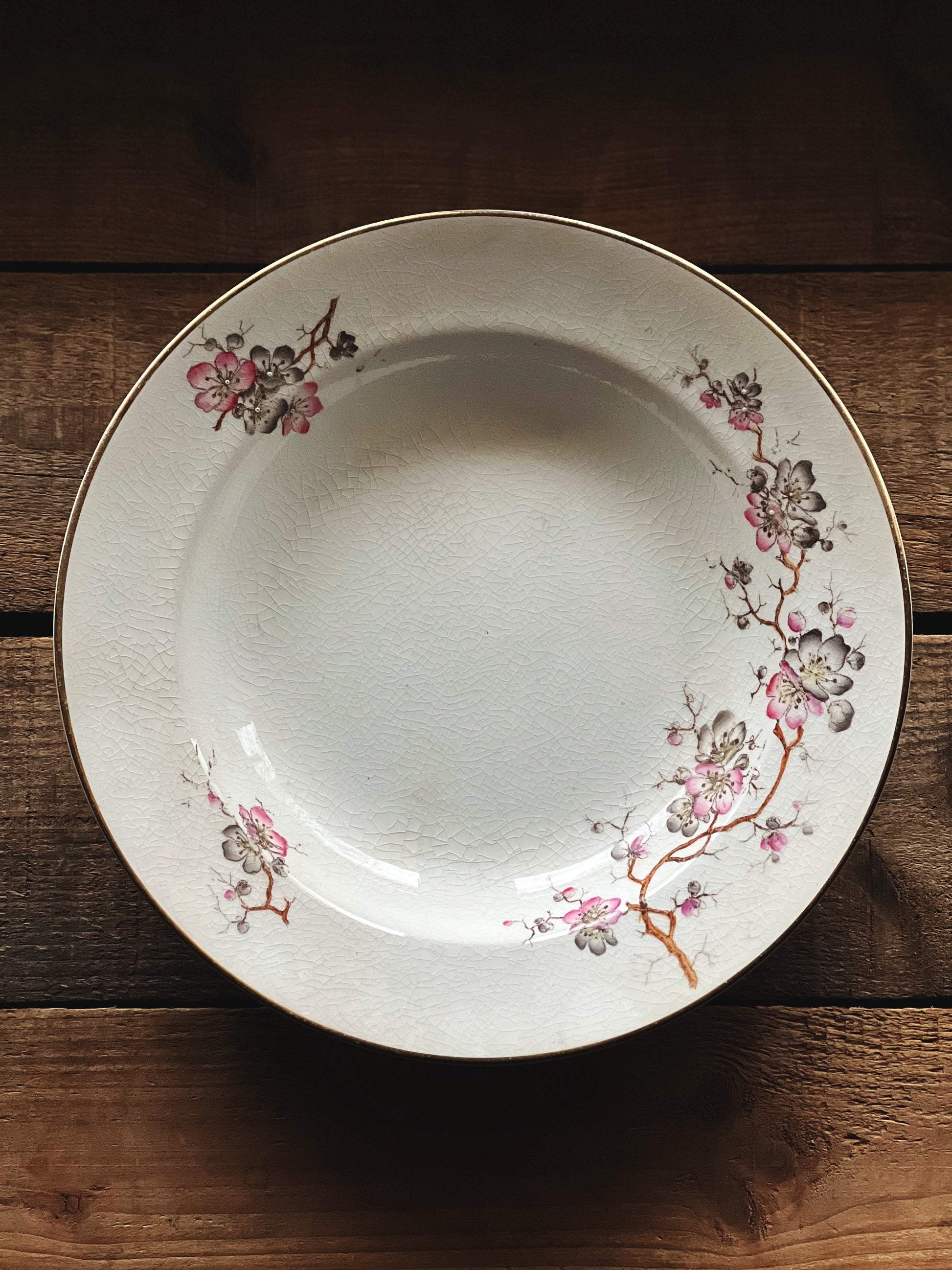 pink and gray floral transferware