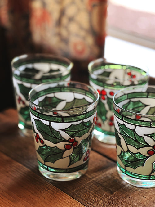 Set of 4 Vintage Christmas Holly Leaf Double Old Fashioned Glasses