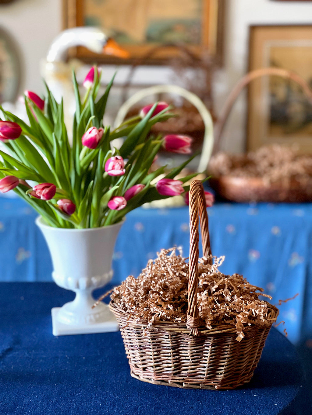 Vintage Woven Twig Easter Basket with Handle