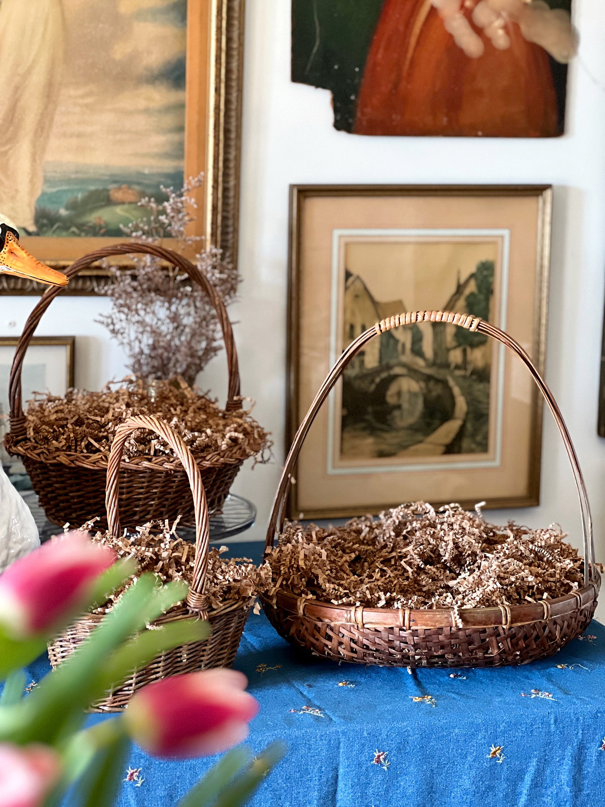 vintage basket with caned bottom