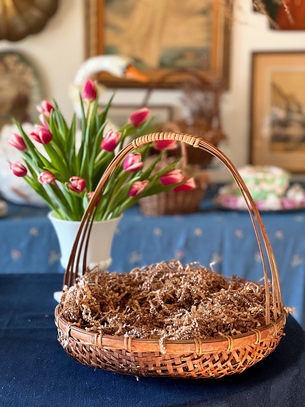 Vintage Single Handle Basket with Caned Bottom