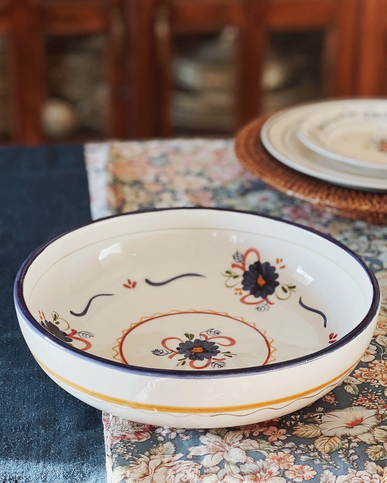 hand painted serving bowl with bows and flowers