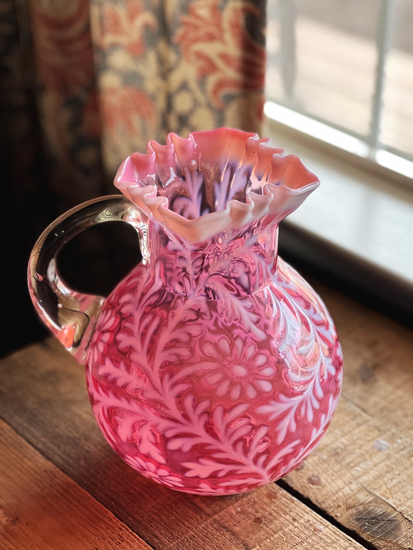 Vintage Fenton Opalescent Cranberry Glass Daisy & Fern Pitcher