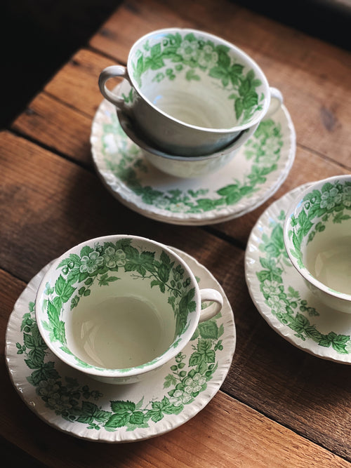 Vintage Wedgwood Etruria Bramble Green Tea Cup & Saucer Set