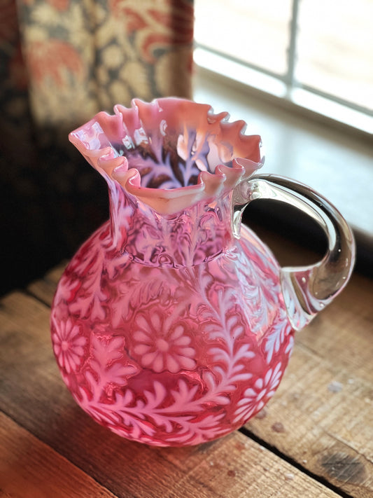 Vintage Fenton Opalescent Cranberry Glass Daisy & Fern Pitcher