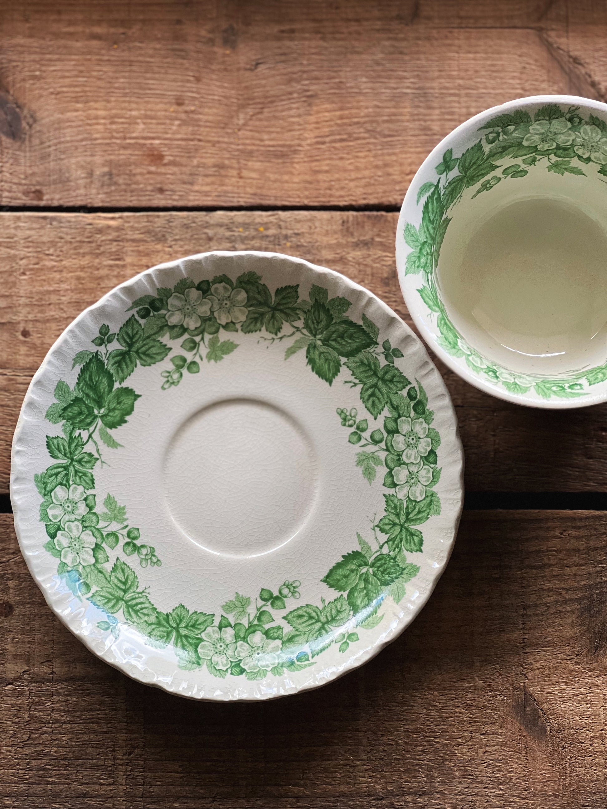 Vintage Wedgwood Etruria Bramble Green Tea Cup & Saucer Set