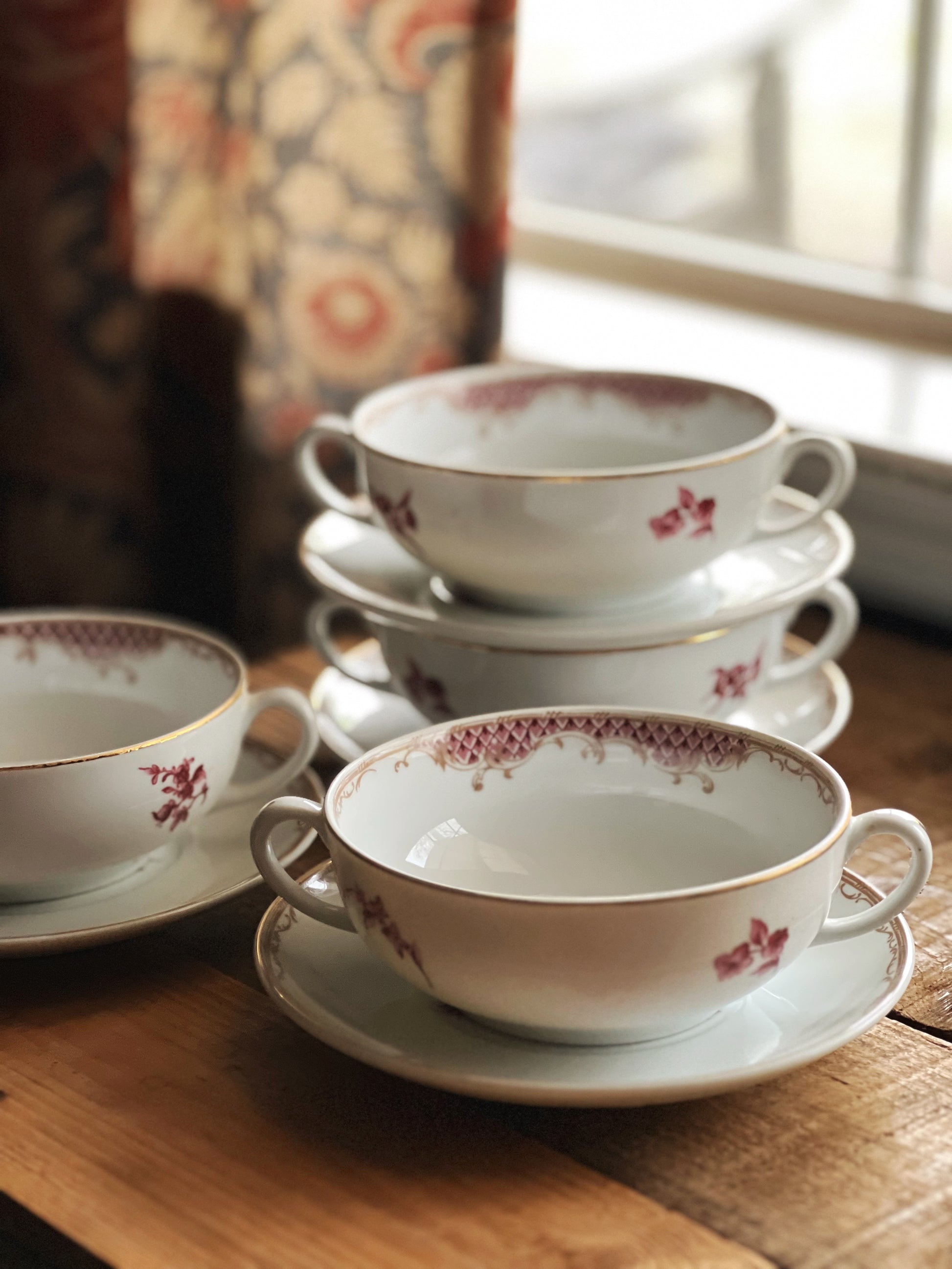Set of 4 Vintage Cerabel Porcelaine De Boudoir Two Handle Soup Bowl & Saucer Set