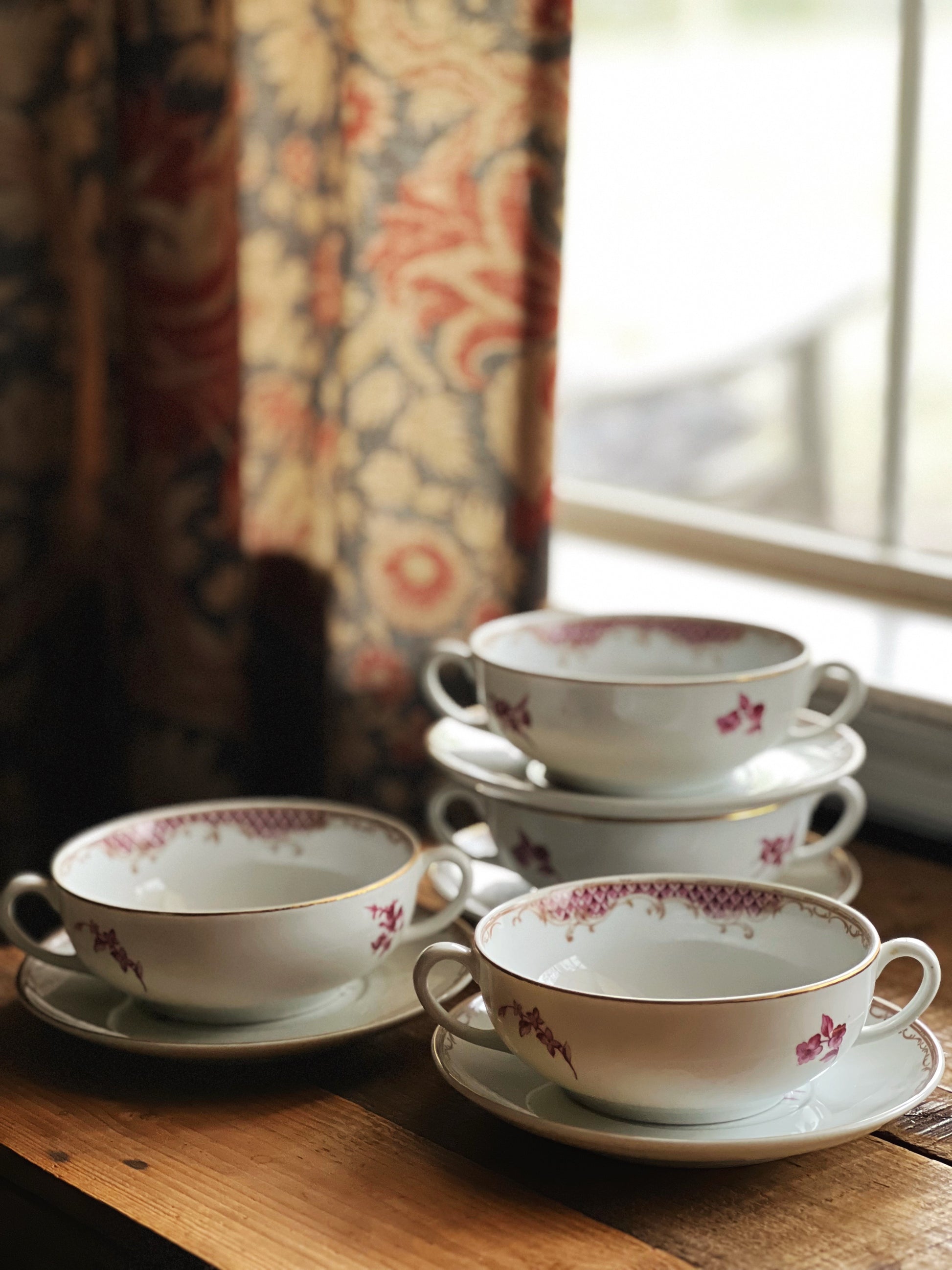 Set of 4 Vintage Cerabel Porcelaine De Boudoir Two Handle Soup Bowl & Saucer Set