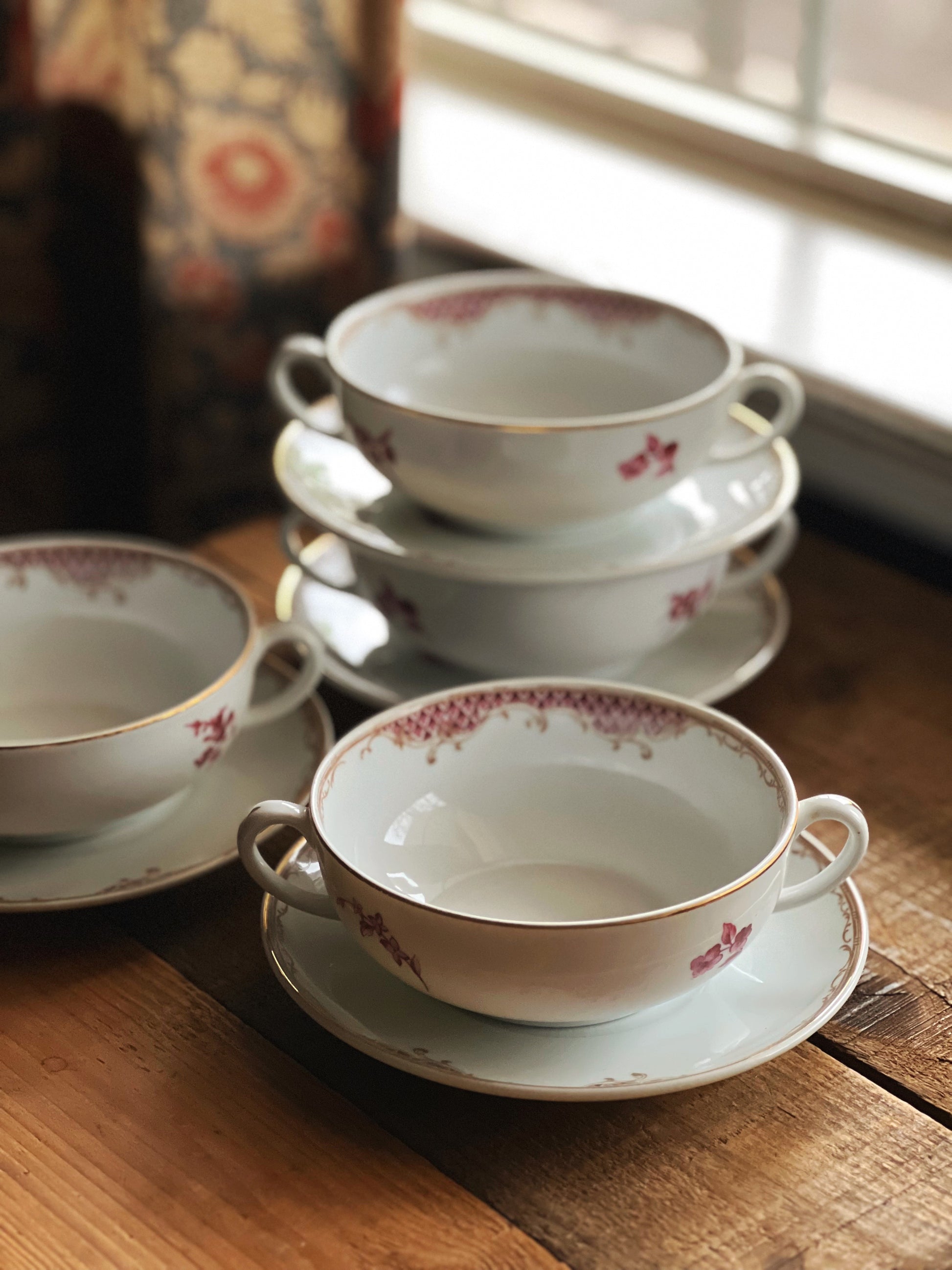 Set of 4 Vintage Cerabel Porcelaine De Boudoir Two Handle Soup Bowl & Saucer Set