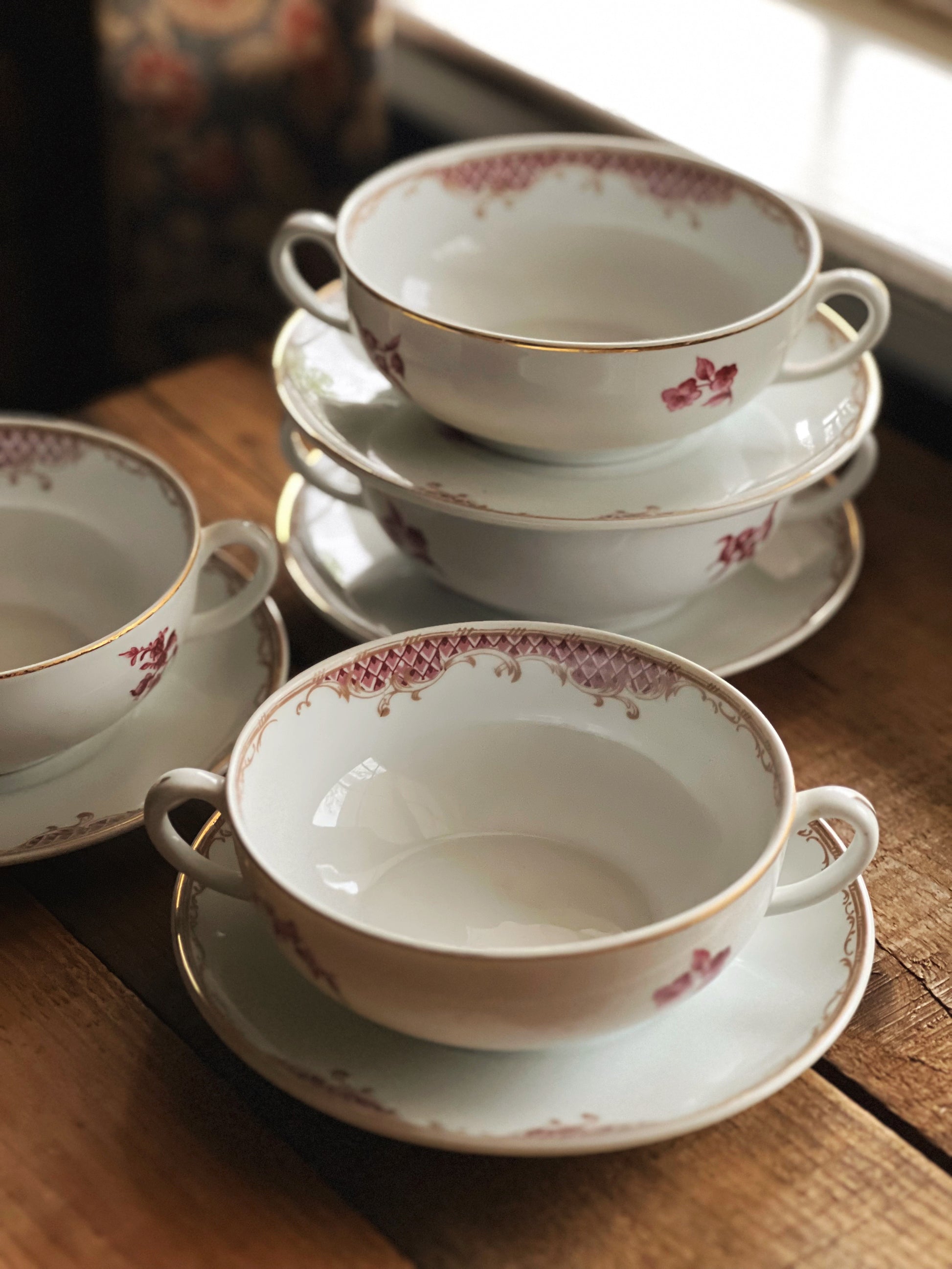 Set of 4 Vintage Cerabel Porcelaine De Boudoir Two Handle Soup Bowl & Saucer Set