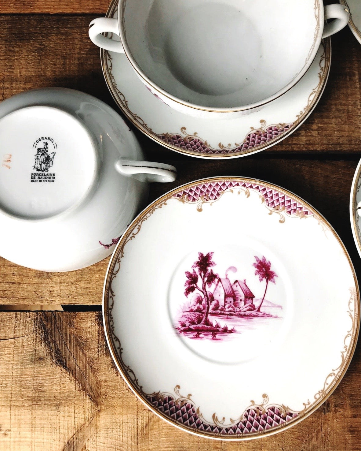 Set of 4 Vintage Cerabel Porcelaine De Boudoir Two Handle Soup Bowl & Saucer Set