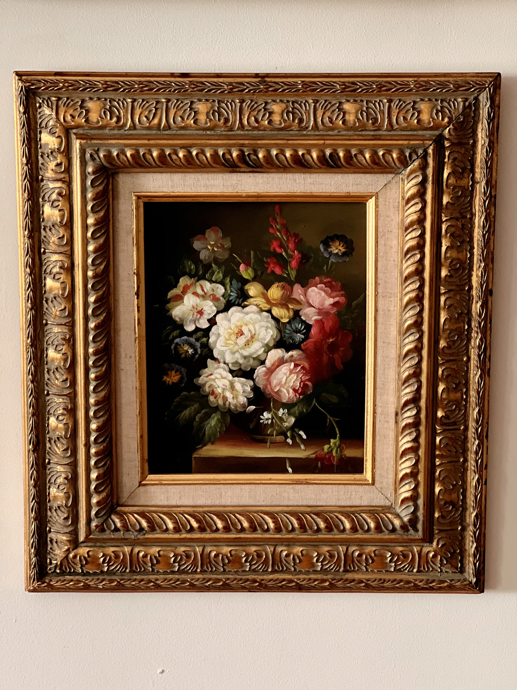vintage floral still life painting in a gold gilt frame