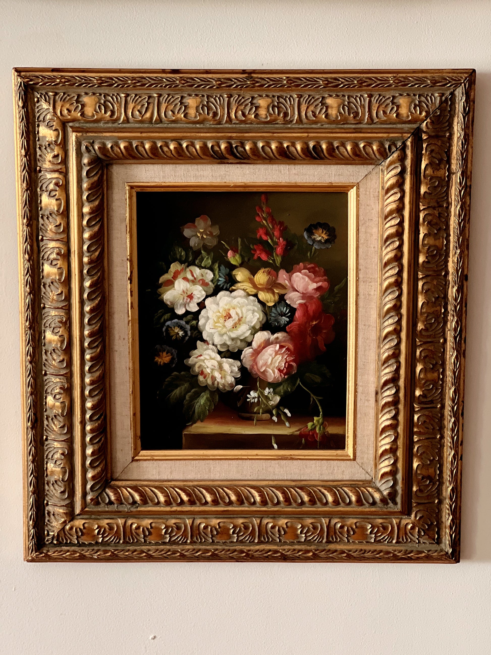 vintage floral still life painting in a gold gilt frame