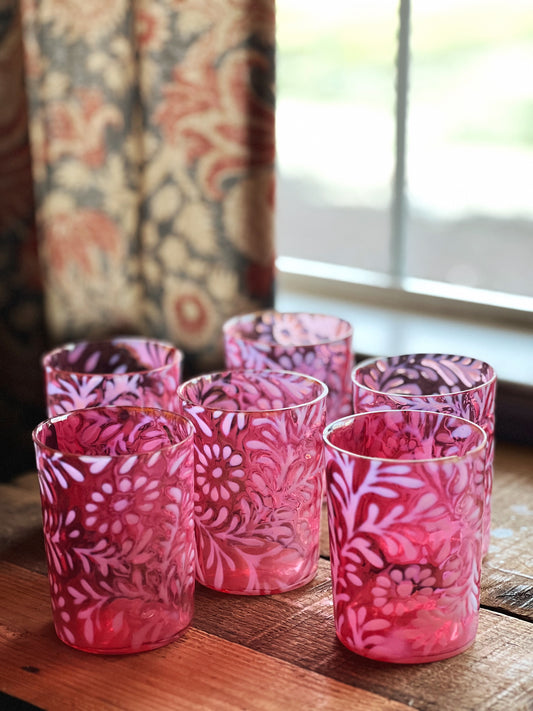 Vintage Set of 6 Fenton Opalescent Cranberry Glass Daisy & Fern Tumblers