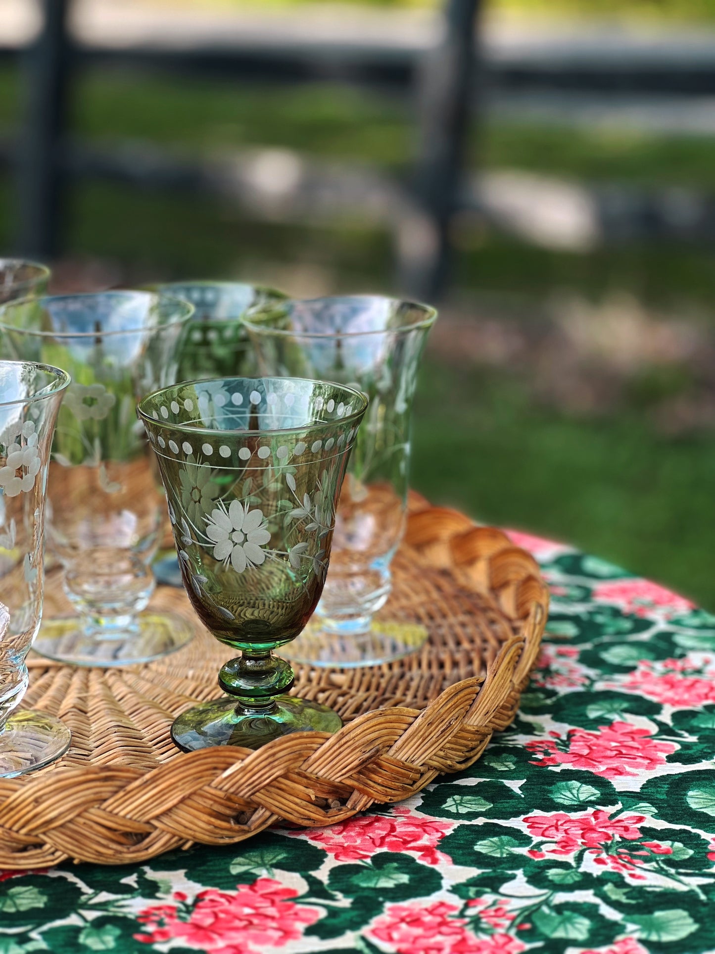 Williams Sonoma Set of 4 Green Etched Glass Water Goblets