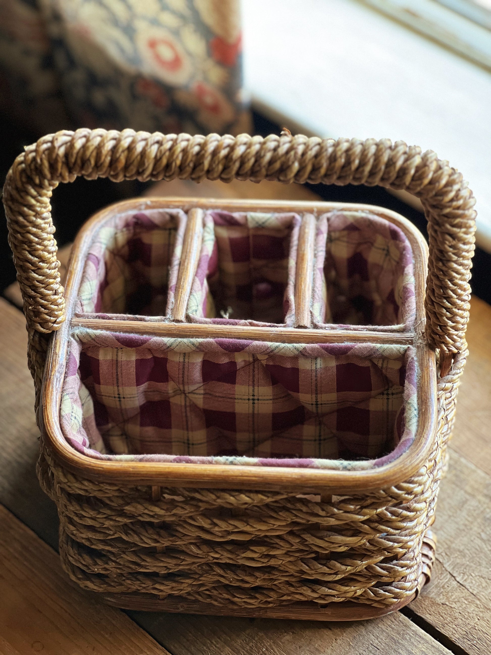 Vintage Plaid Lined 4 Compartment Utensil Caddy