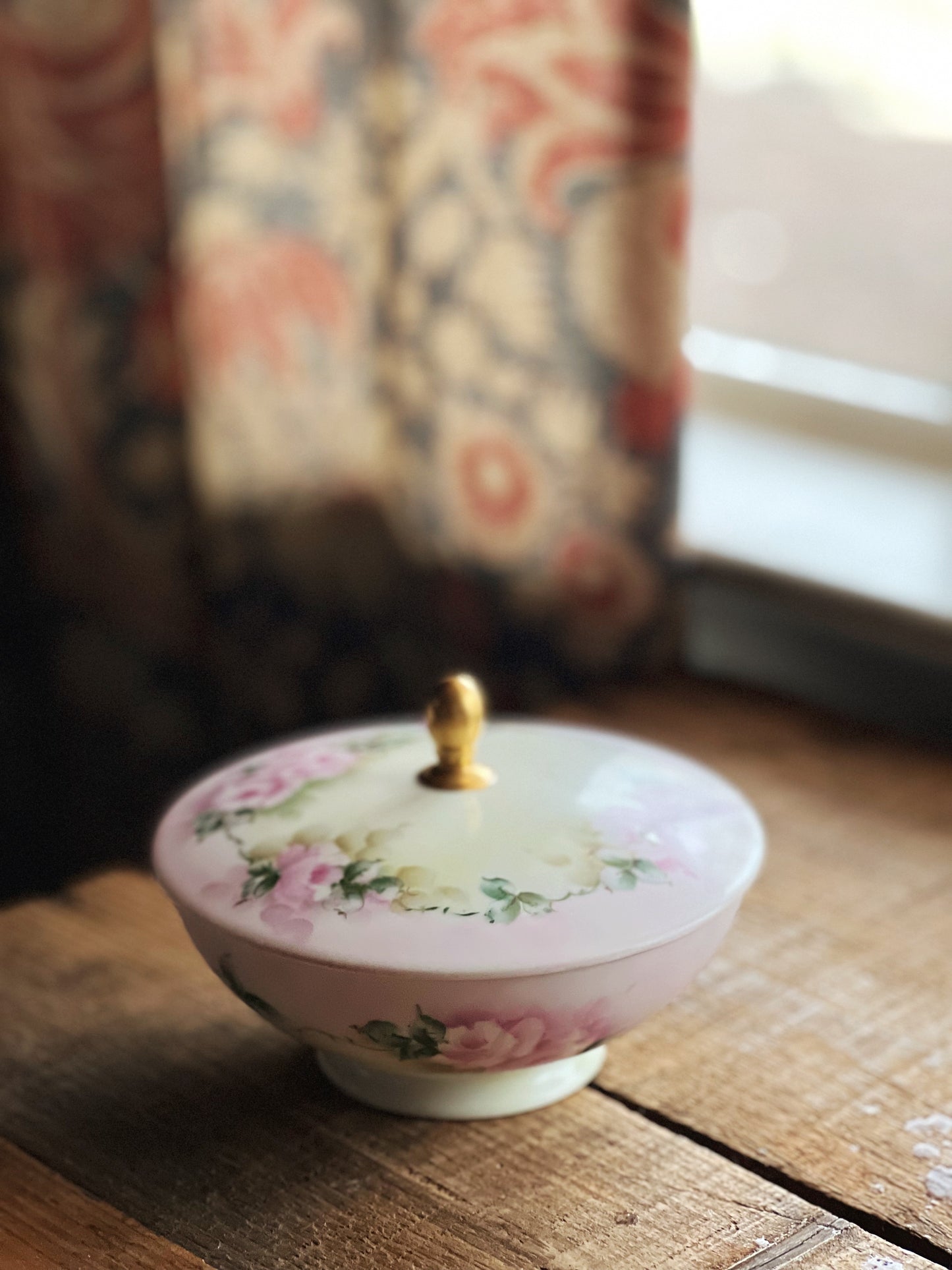 pink floral covered dish