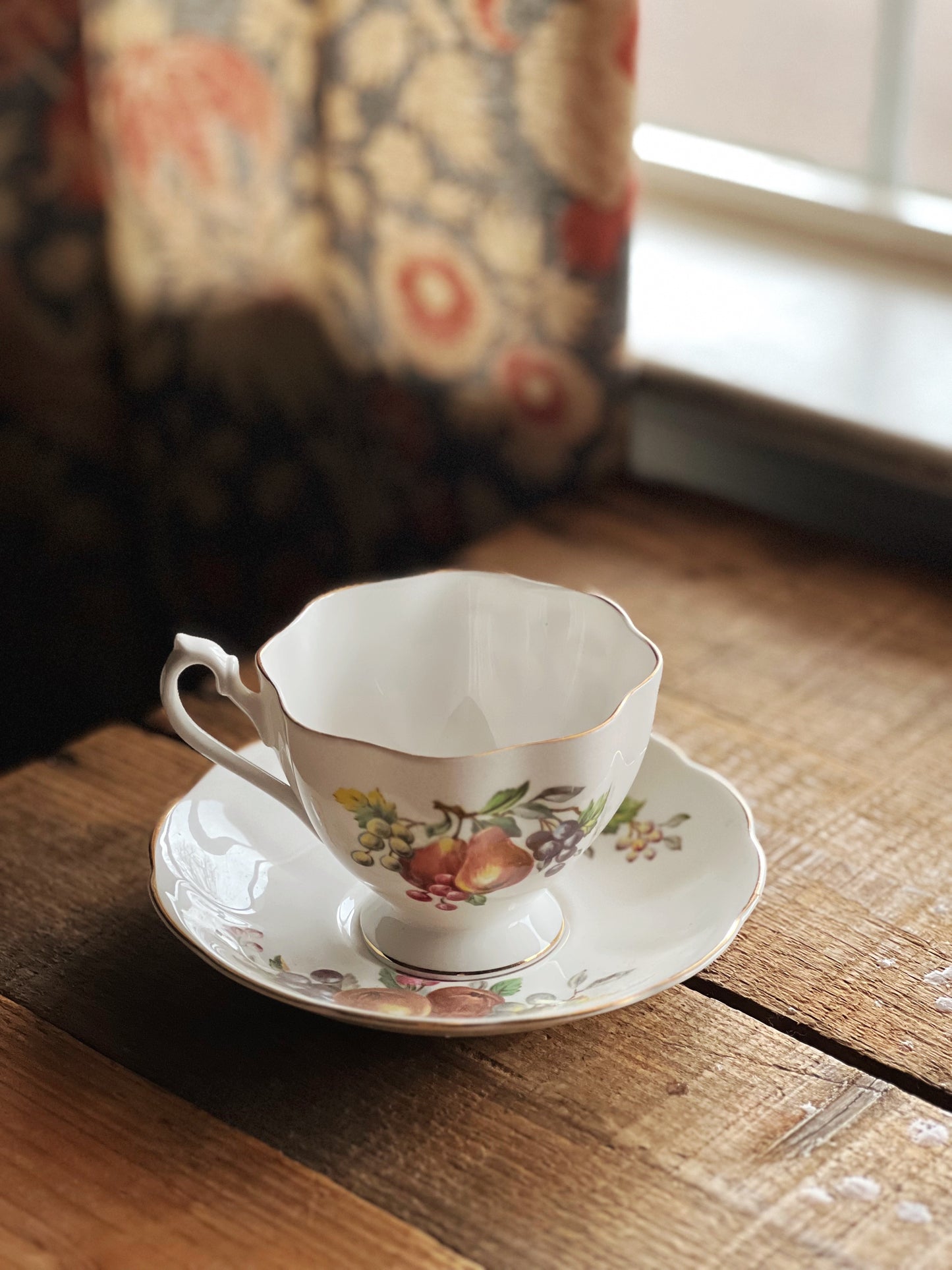 Vintage Queen Anne Bone China England Fruit Series Pattern Teacup & Saucer Set