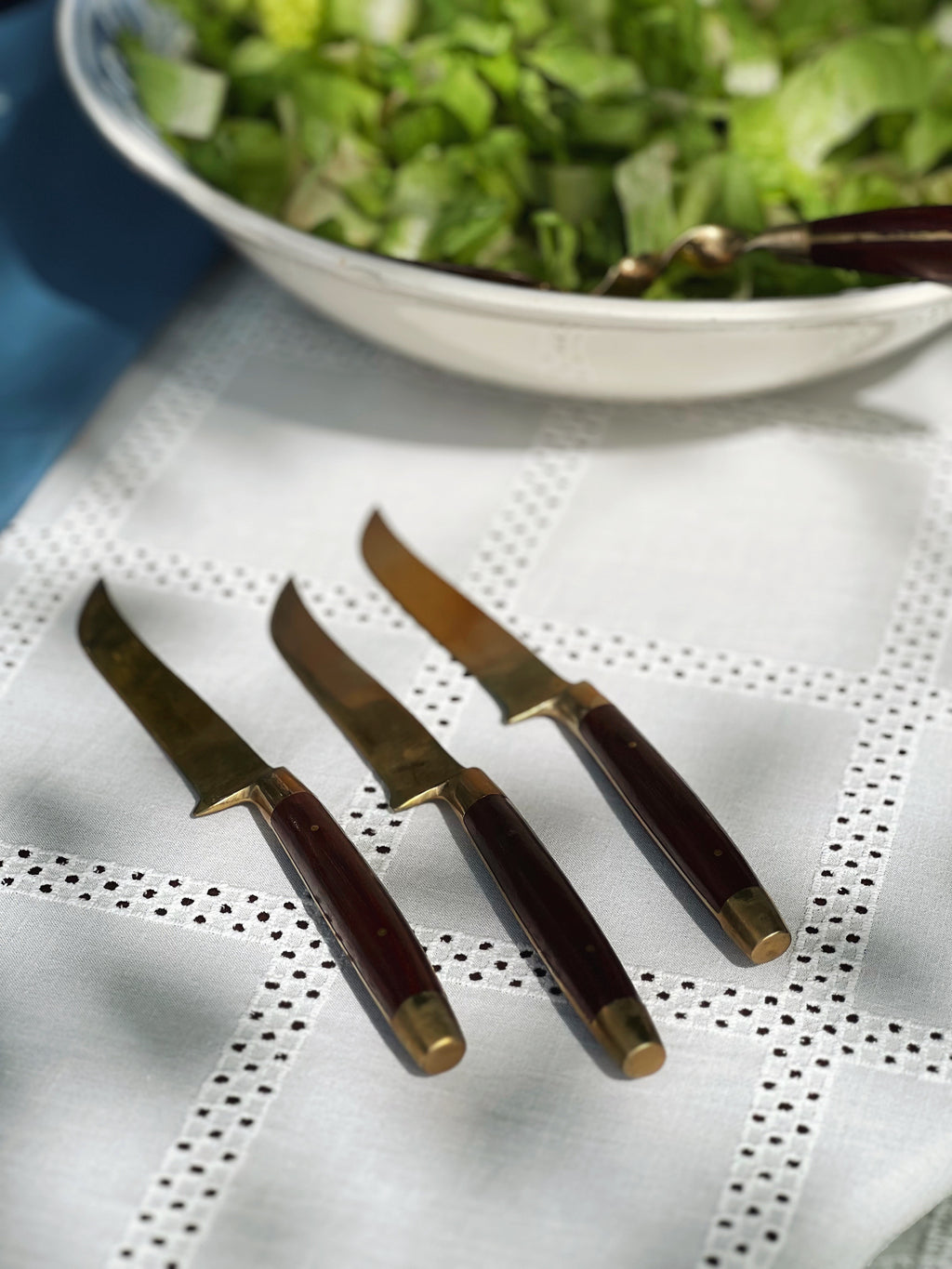 James Bangkok Thailand Brass & Teak Set of 4 Steak Knives