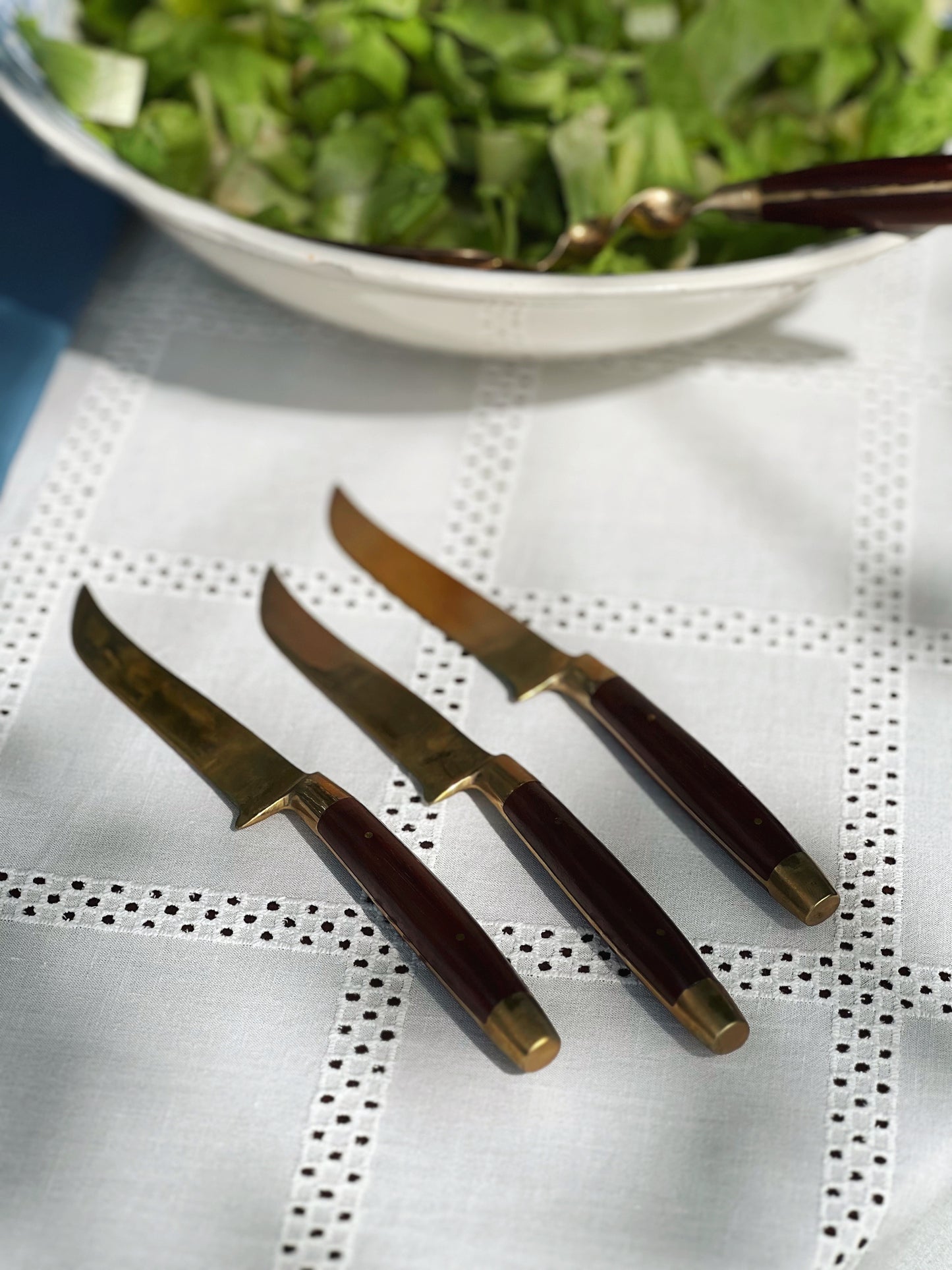 James Bangkok Thailand Brass & Teak Set of 4 Steak Knives