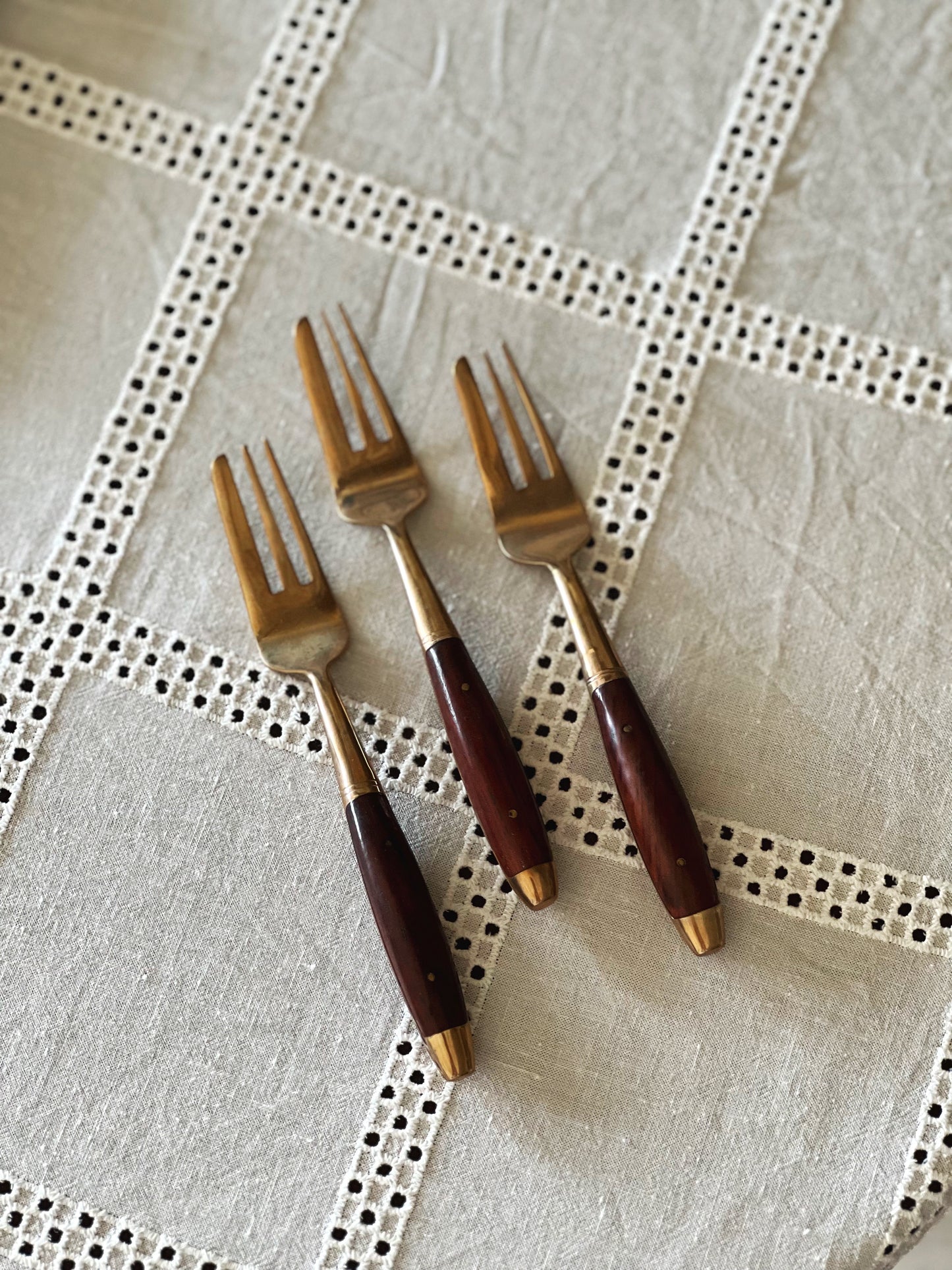 Vintage James Bangkok Thailand Brass & Teak Pastry Silverware