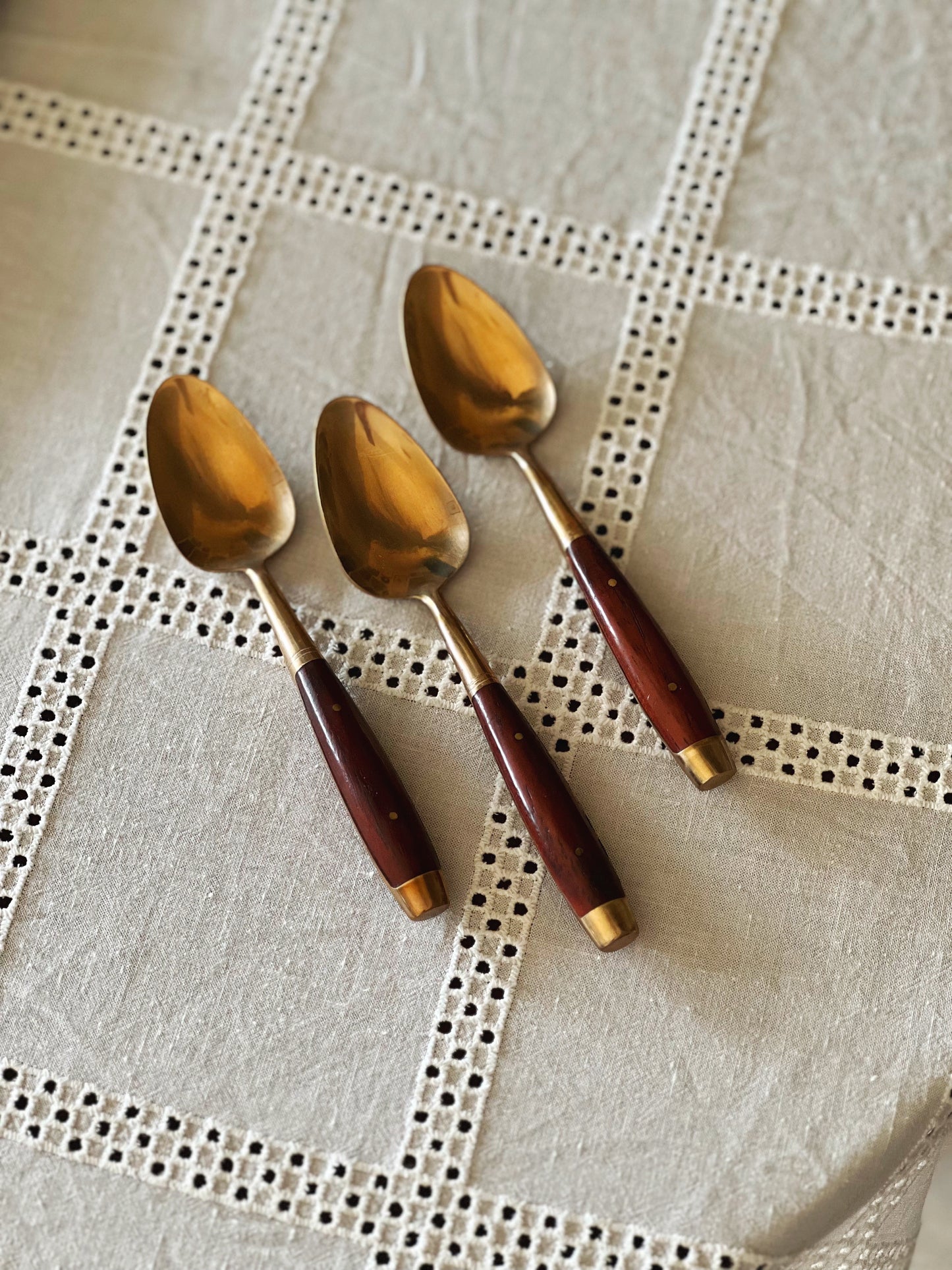 Vintage James Bangkok Thailand Brass & Teak Pastry Silverware