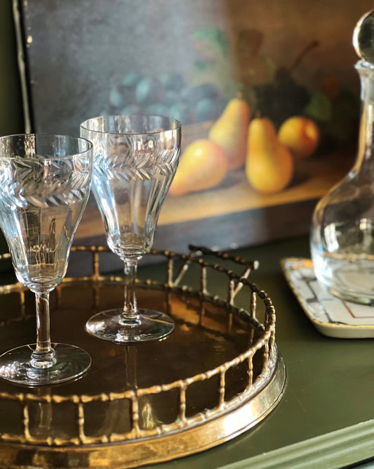 Pair of Vintage Laurel Etched Wine Glasses