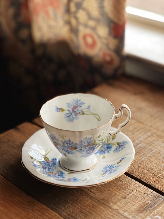 Adderley China blue cornflower pattern teacup and saucer set