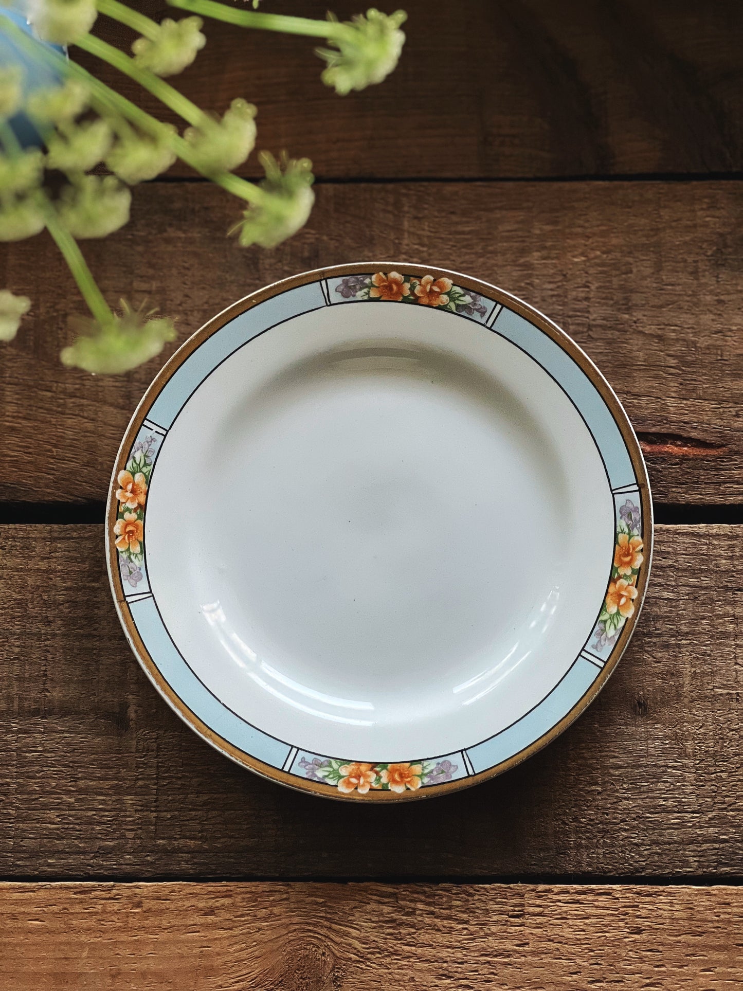 Vintage bread and butter size plate with a blue rim and peach colored flowers