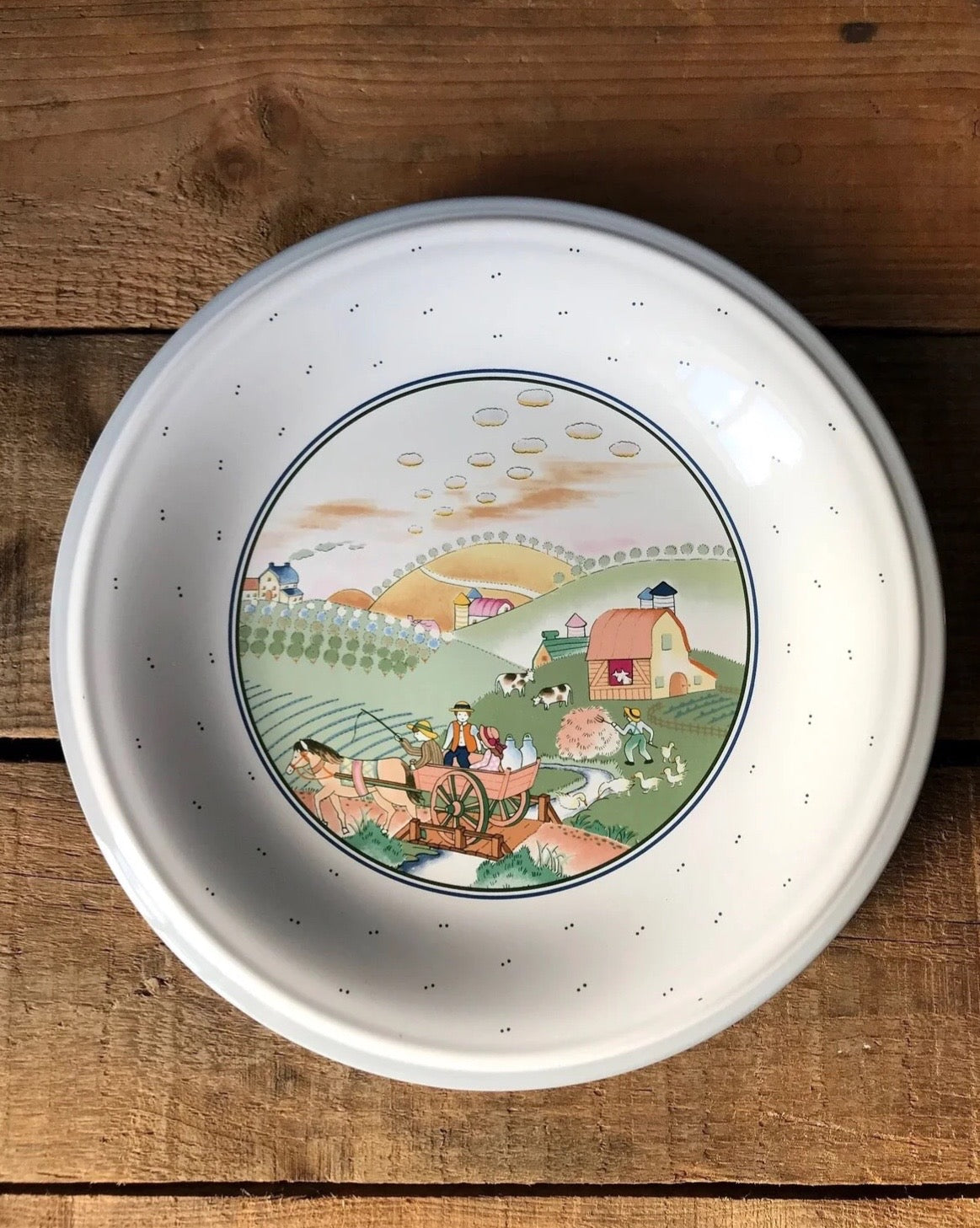 Vintage salad plate with a farm scene. The plate is blue and white and the scene is in oft pastel colors.