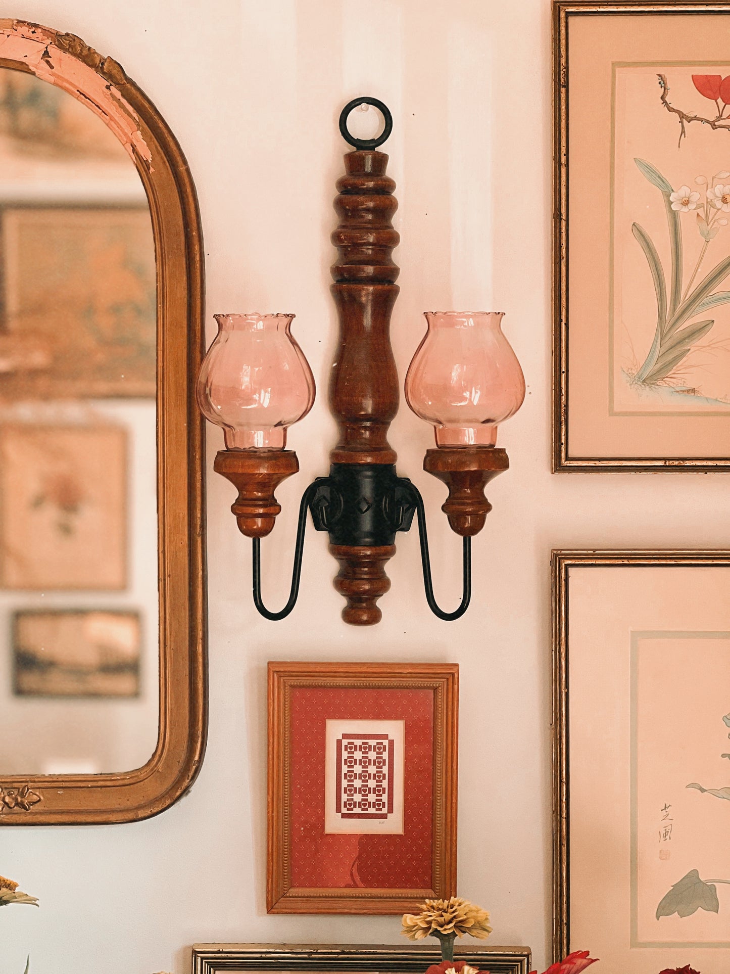 Vintage Two Arm Wood Candle Sconce with Pink Glass Hurricanes