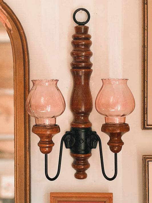 Vintage Two Arm Wood Candle Sconce with Pink Glass Hurricanes