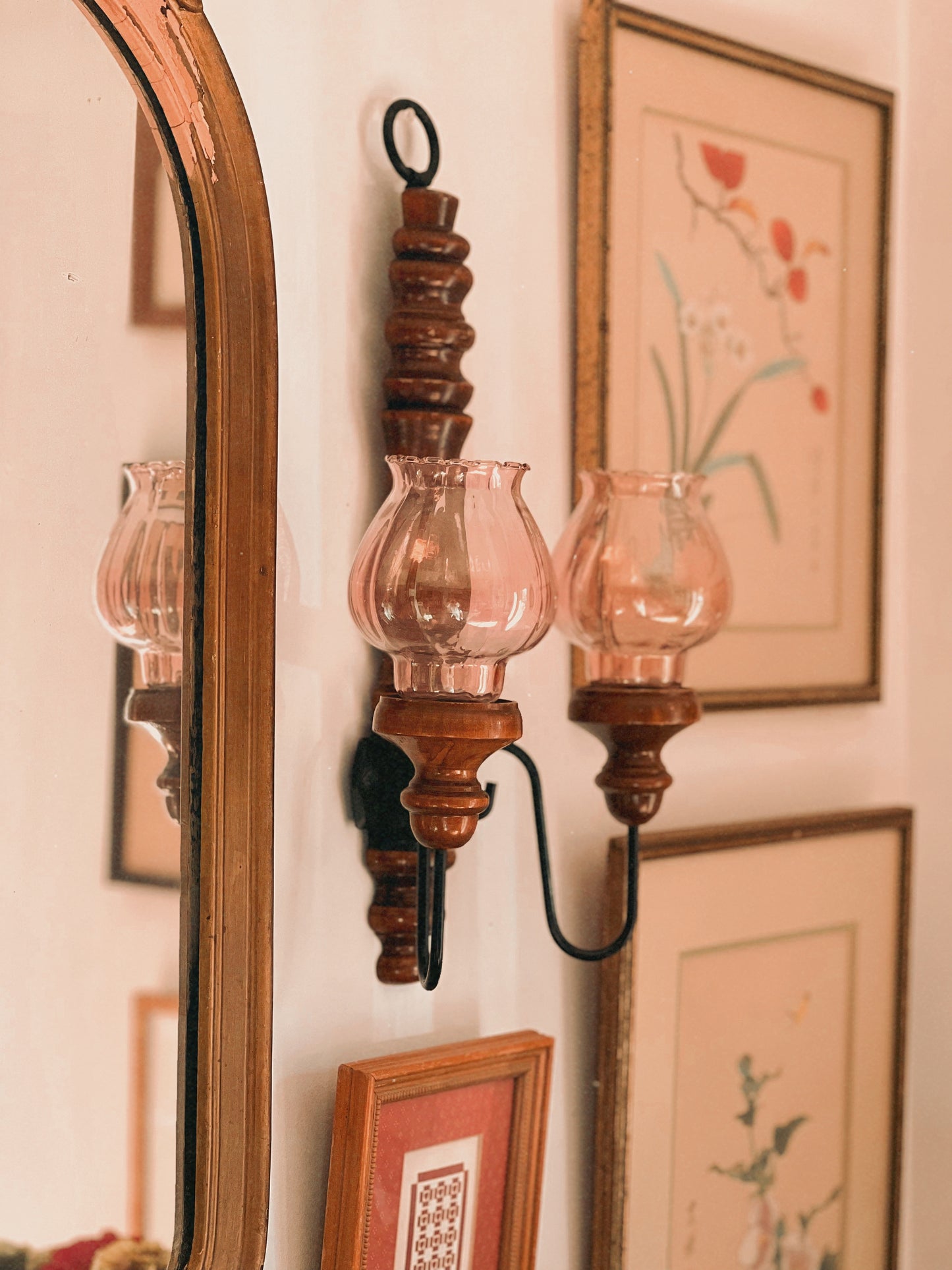 Vintage Two Arm Wood Candle Sconce with Pink Glass Hurricanes