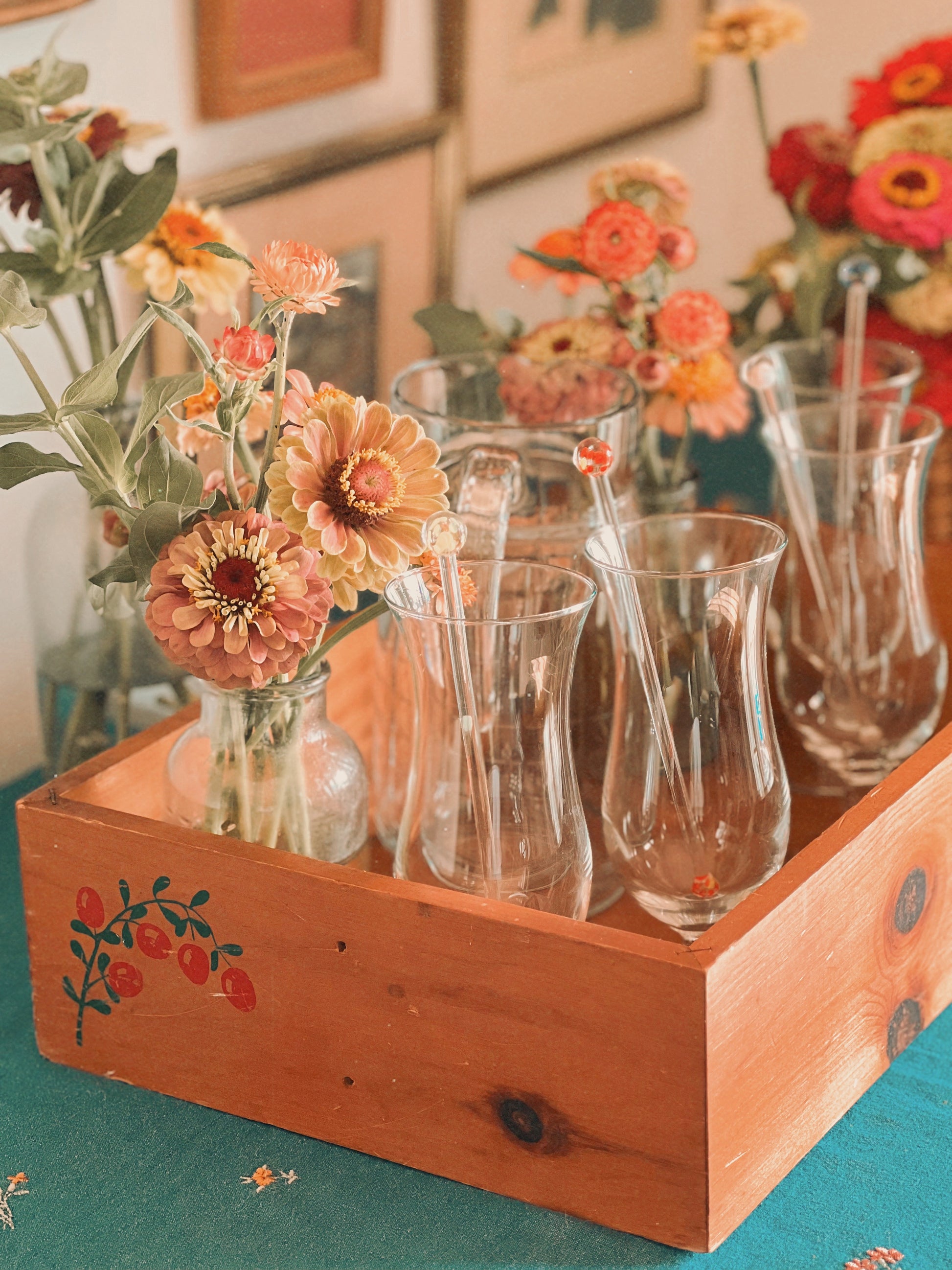 Set of 4 tall iced tea glasses in a vintage beverage crate 