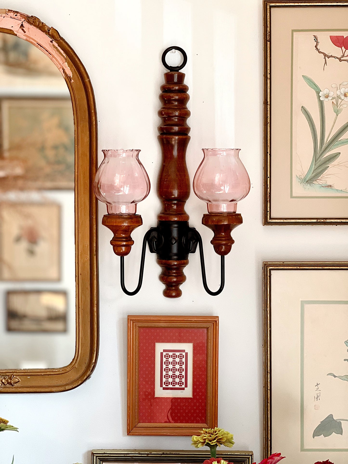 Vintage Two Arm Wood Candle Sconce with Pink Glass Hurricanes