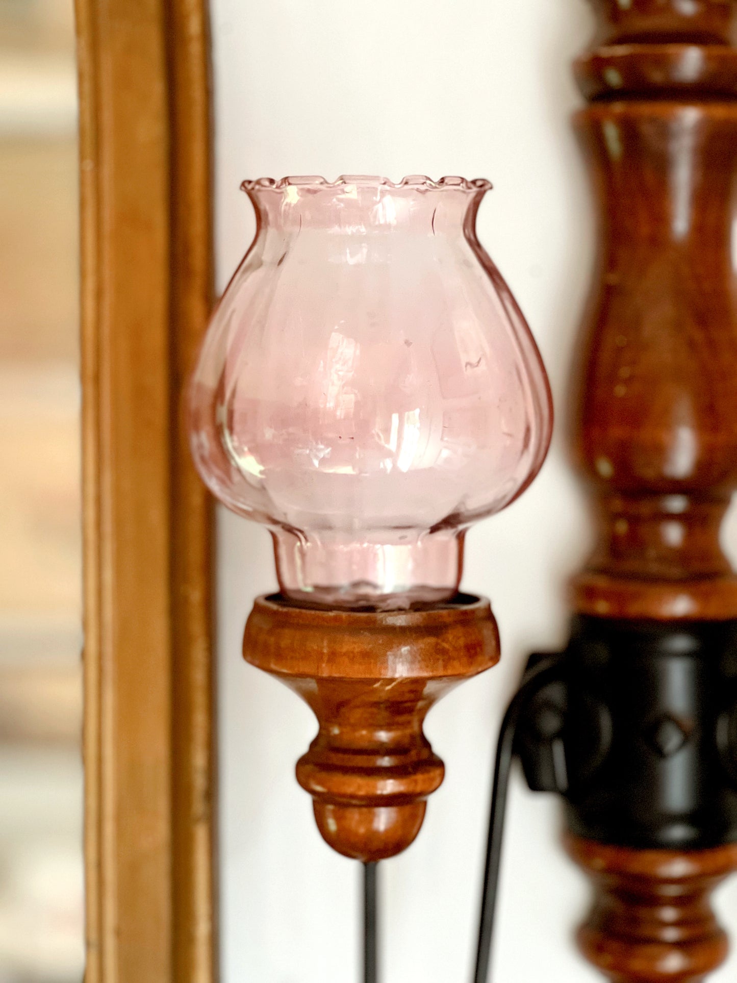 Vintage Two Arm Wood Candle Sconce with Pink Glass Hurricanes