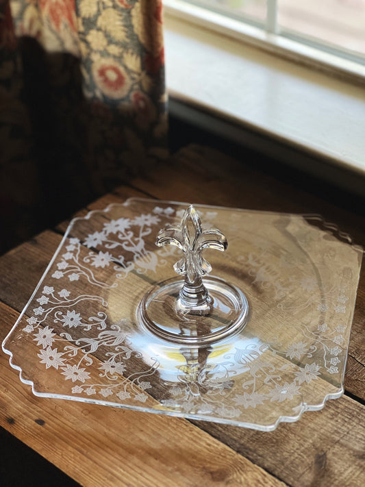 Vintage Etched Glass Dessert Tray