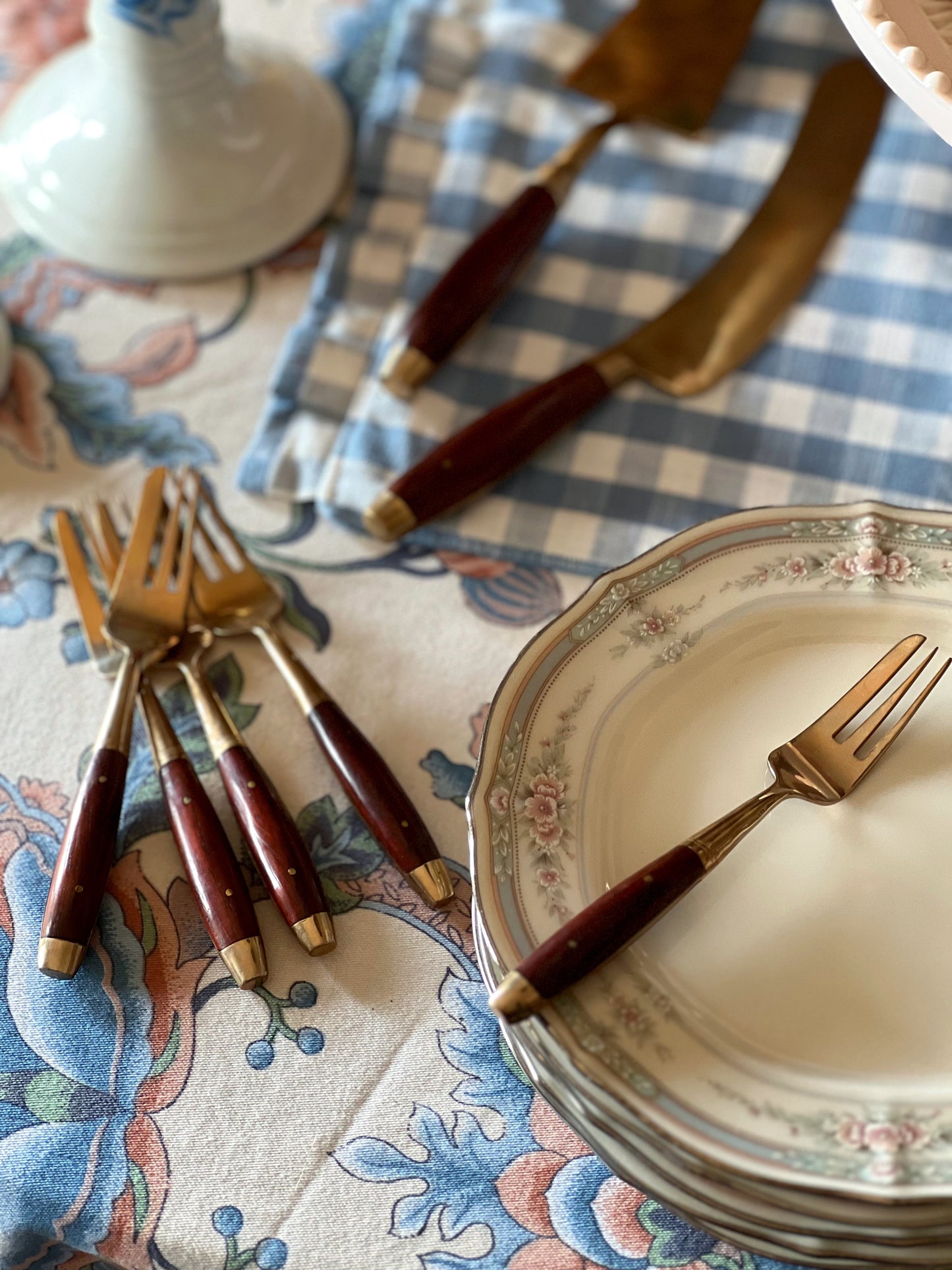 Vintage James Bangkok Thailand Brass & Teak Pastry Silverware