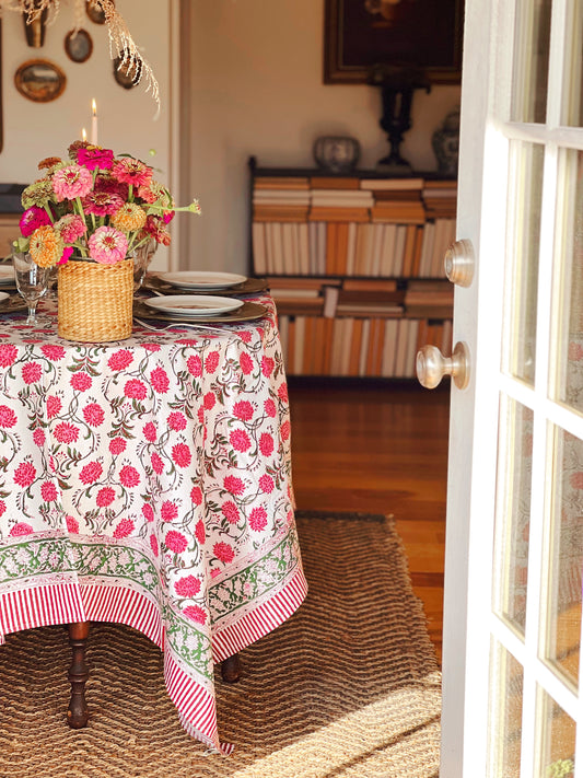 Block Print Tablecloth in Pink & Green Hand Made in Spain