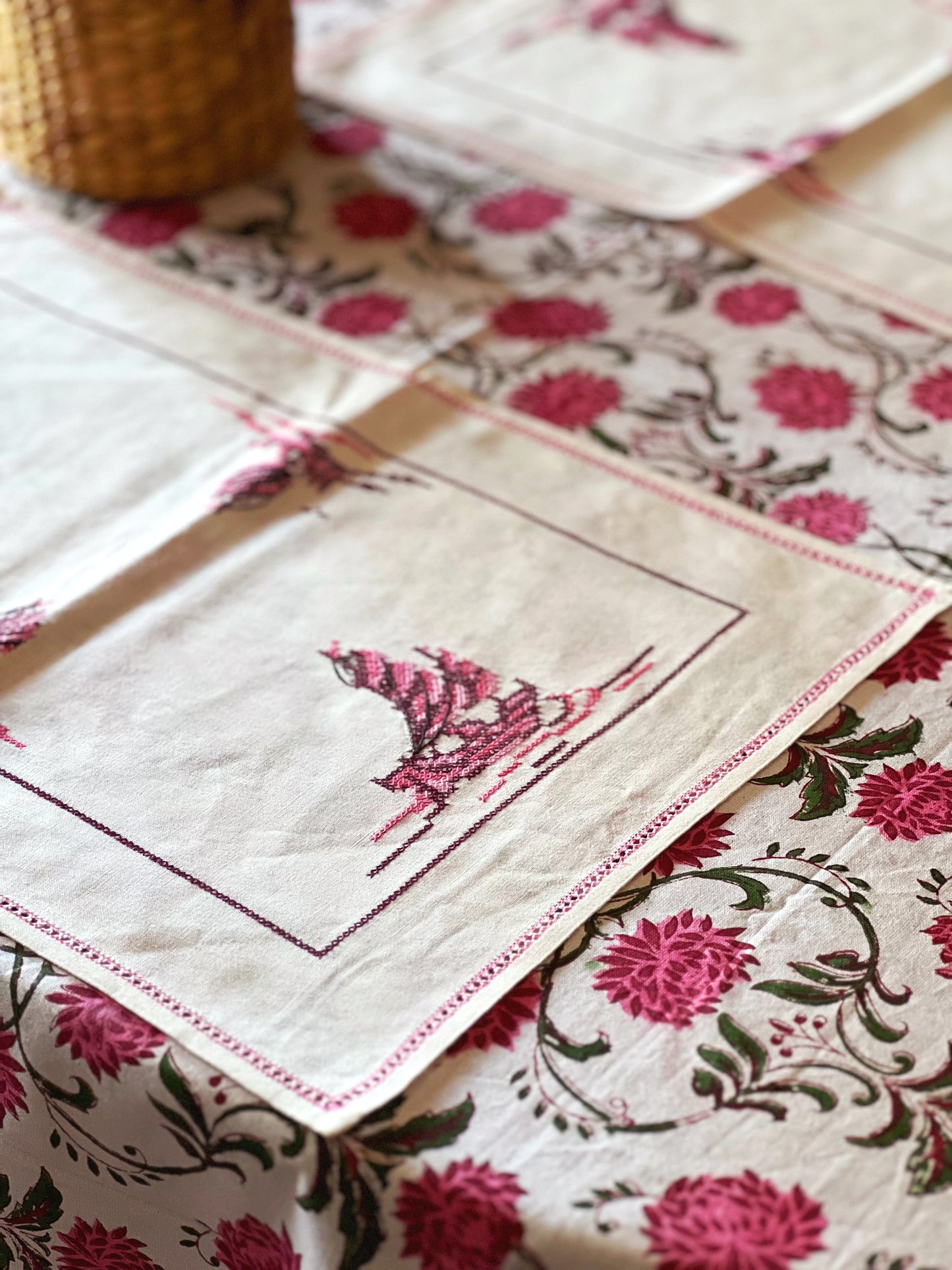 Set of 4 Vintage Pink Embroidered Sailboat Placemats