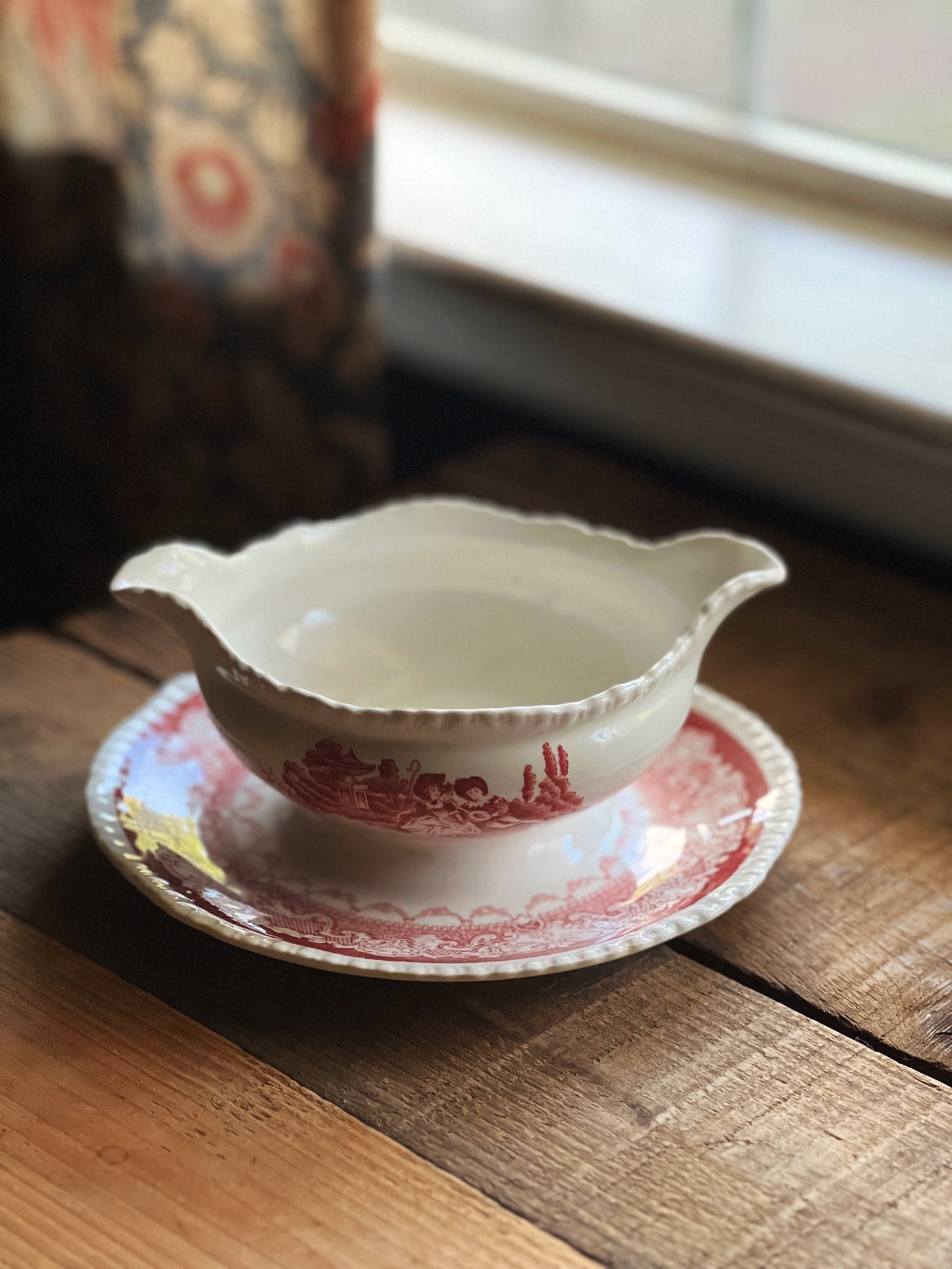 Vintage Woods Burslem Watteau Red Transferware Gravy Boat with Attached Underplate