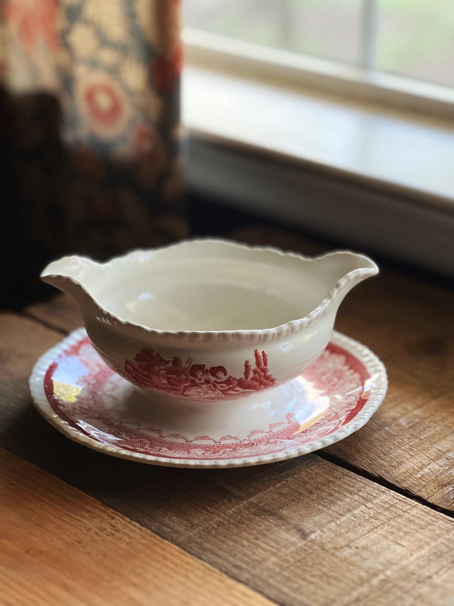 Vintage Woods Burslem Watteau Red Transferware Gravy Boat with Attached Underplate