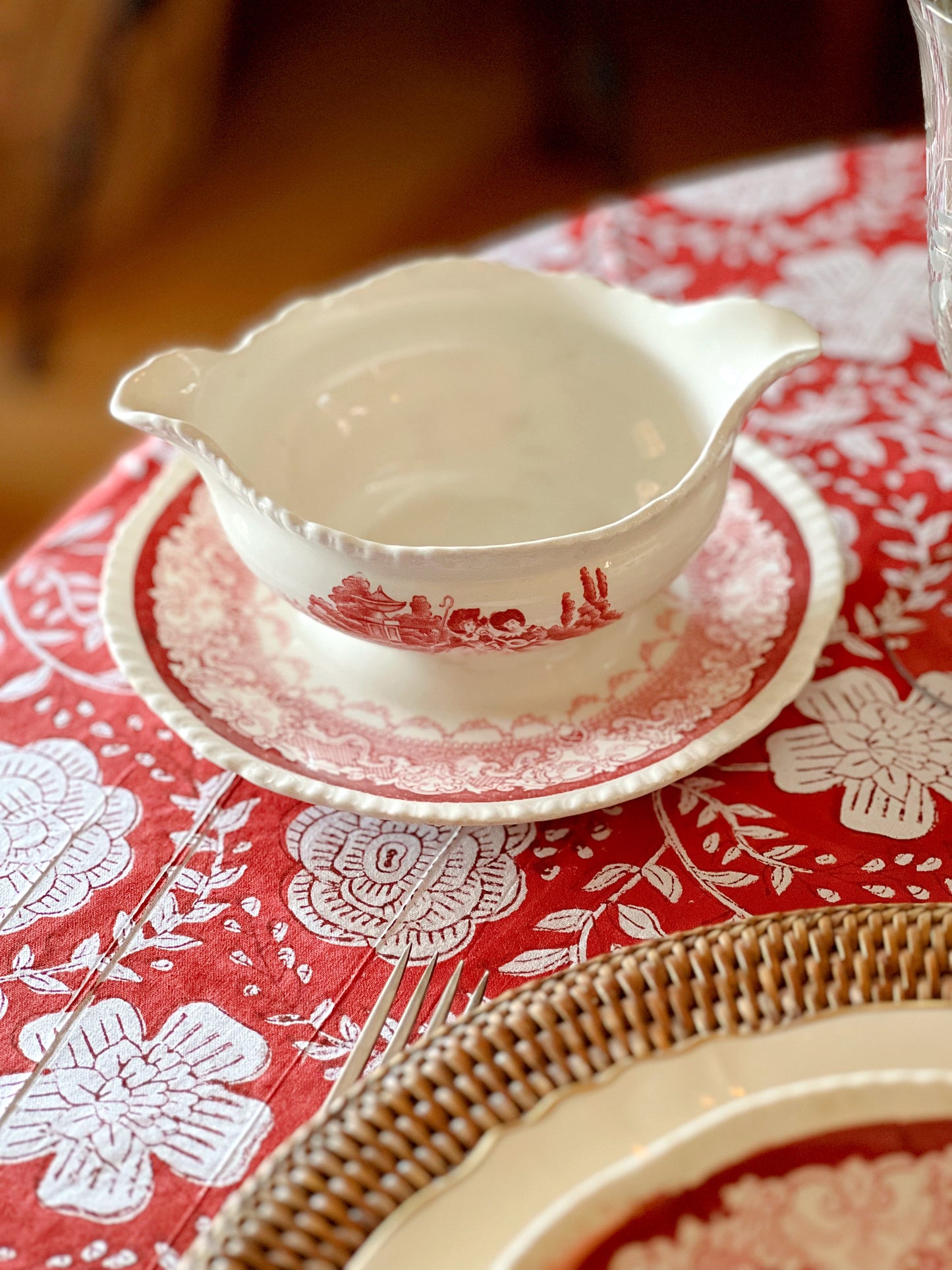 Vintage Woods Burslem Watteau Red Transferware Gravy Boat with Attached Underplate