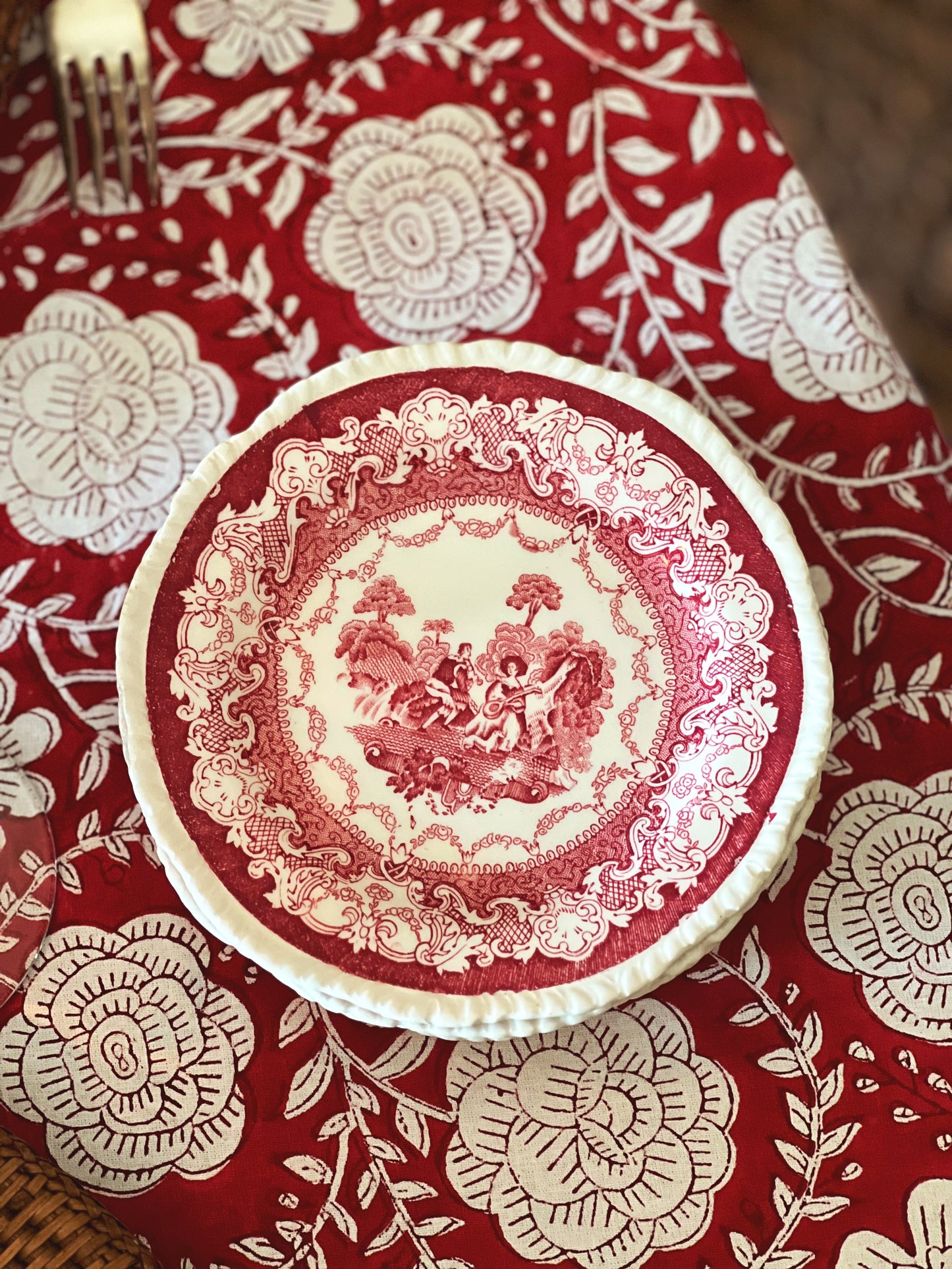 Vintage Woods Burslem Watteau Red Transferware Set of 7 Bread & Butter Plates